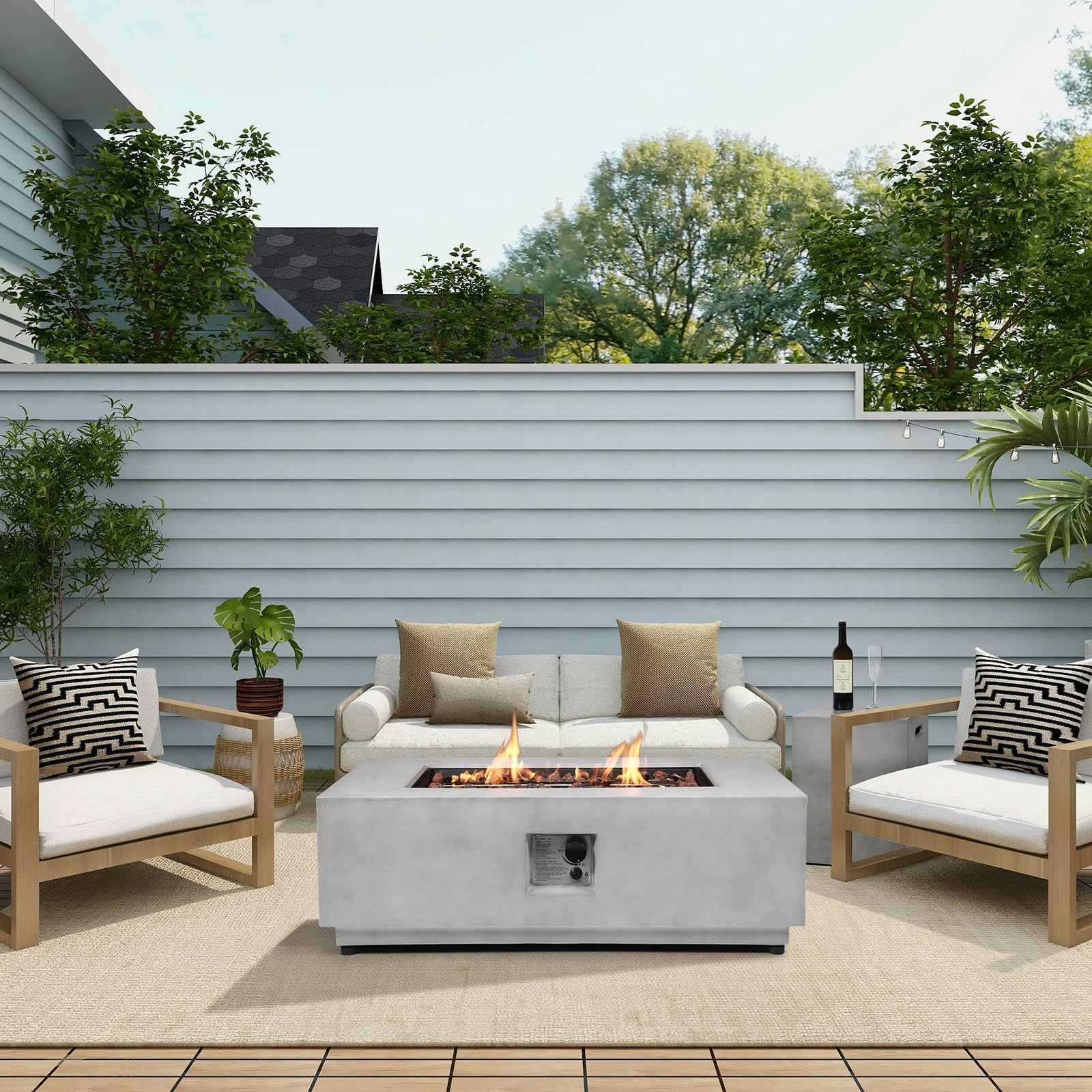 2 Pieces 42-Inch Outdoor Propane Fire Pit Table w/Tank Cover - 50,000 BTU, CSA-Certified Concrete Rectangle Firepits | Integrated Ignition, Steel Lid, Lava Rocks & Rain Cover Included