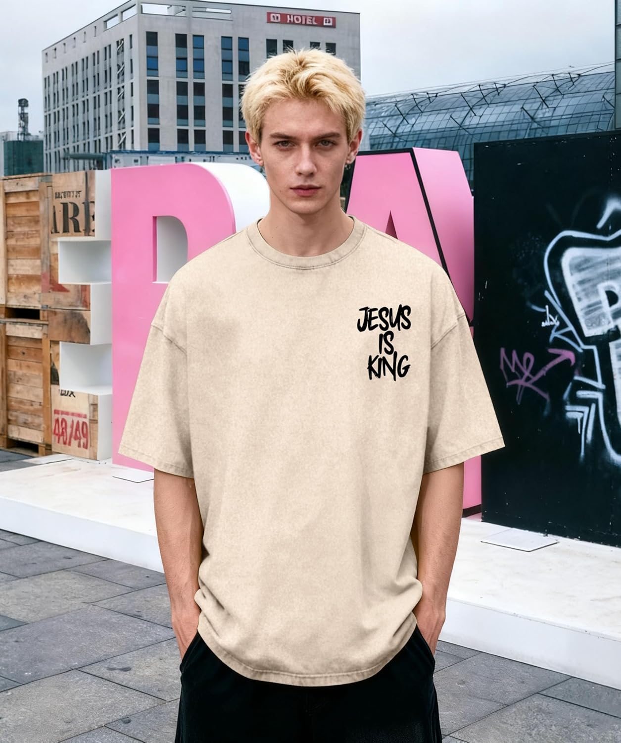 Christian Shirts for Men Jesus Shirt Oversized Graphic Tees Acid Wash Tshirt Christian Religious Short Sleeve Tops Apricot - Image 2