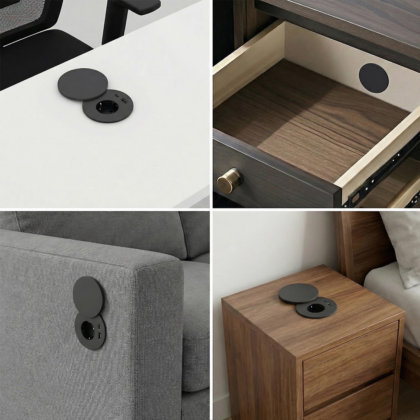 Prise Encastrable Plan de Travail avec 1 Prise, 1 Port USB C, 1 Port USB A, 80 mm de Diamètre, Prolongateur de 1,5M de Câble, Dinolink Prise avec Couvercle équipée pour la Cuisine, Les Meubles, Noir
