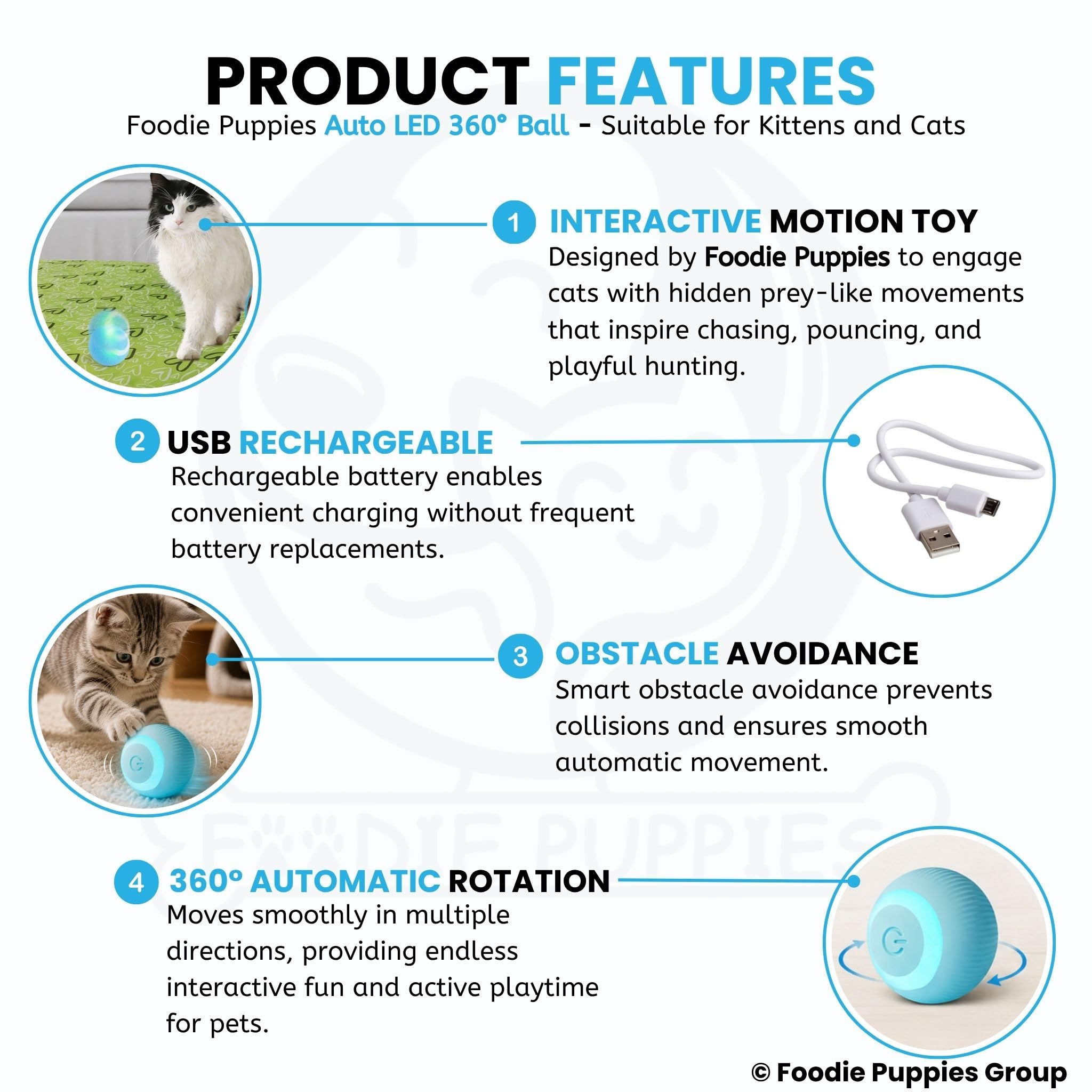 Foodie Puppies Smart LED 360° Toy Ball - (42mm) for Cats, Kittens & Puppies I Interactive Rechargeable Rotating Ball with LED Light, Cat Chasing Toy Automatic Rotating Smart Obstacle Avoiding 1