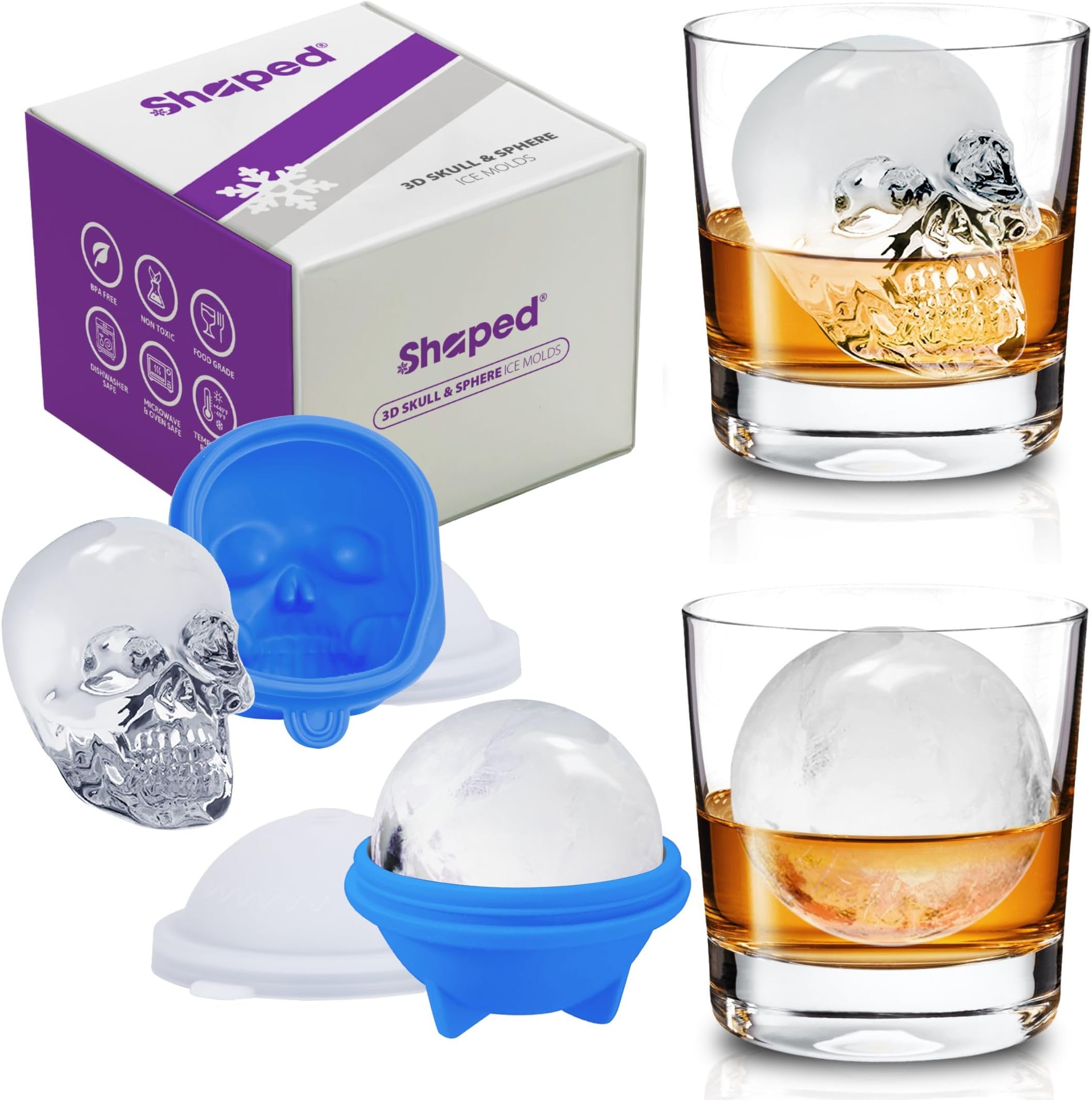 ShapedIceMolds Extra Large 2.75 Inch Ice Ball & Skull Ice Molds, Whiskey Ice Molds with lids, Easy Release Silicone Sphere Ice Trays for Whiskey, Cocktails, Bourbon and Drinks (Blue 2-Pack)