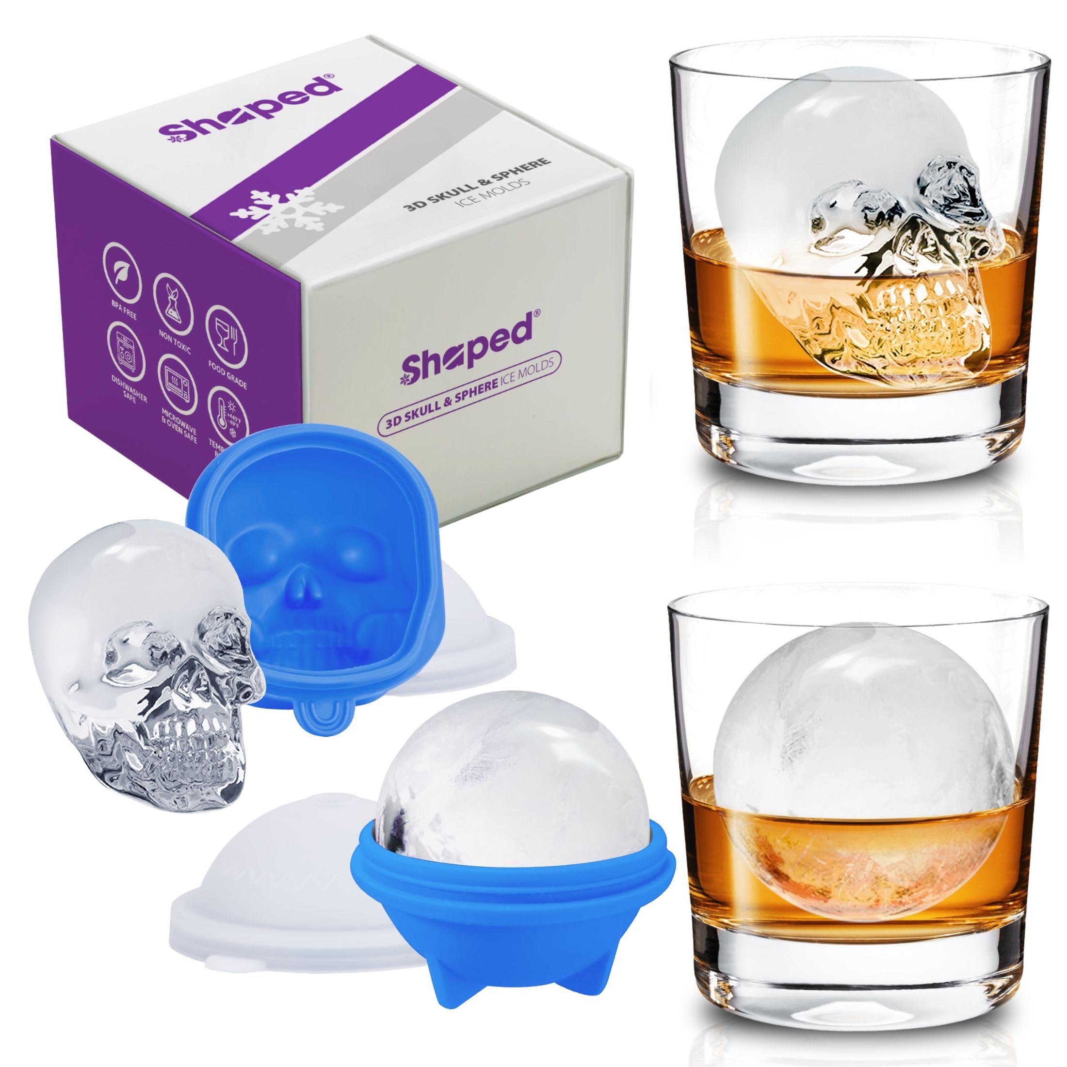 ShapedIceMolds Extra Large 2.75 Inch Ice Ball & Skull Ice Molds, Whiskey Ice Molds with lids, Easy Release Silicone Sphere Ice Trays for Whiskey, Cocktails, Bourbon and Drinks (Blue 2-Pack)