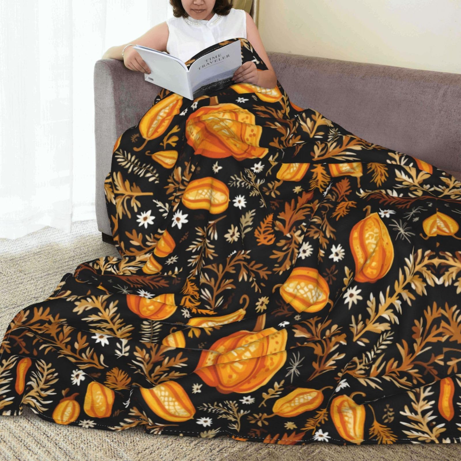 Coperta Autunnale A Forma Di Zucca Con Foglie - Morbida E Calda 127x152 Cm Per Divano E Letto