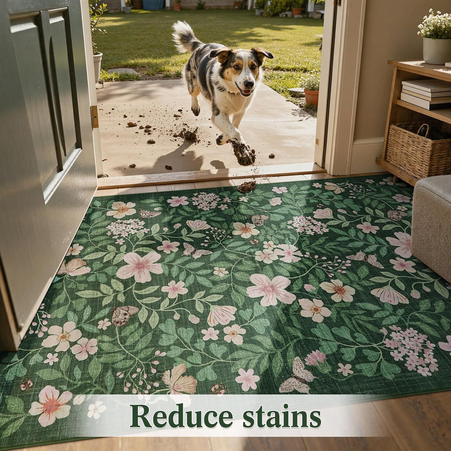 Lahome Washable Rugs 3x5 Entryway, Green Floral Carpet for Kitchen, Non Slip Low Pile Indoor Bedside Rug, Flower Lightweight for Bedroom Living Room Small Spaces（Green,3X5