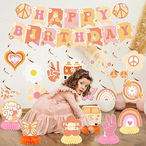 Miniatura 7 de 19 piezas de decoraciones de fiesta geniales incluyen pancarta bohemia de feliz cumpleaños, espirales colgantes hippie retro boho panal centros de