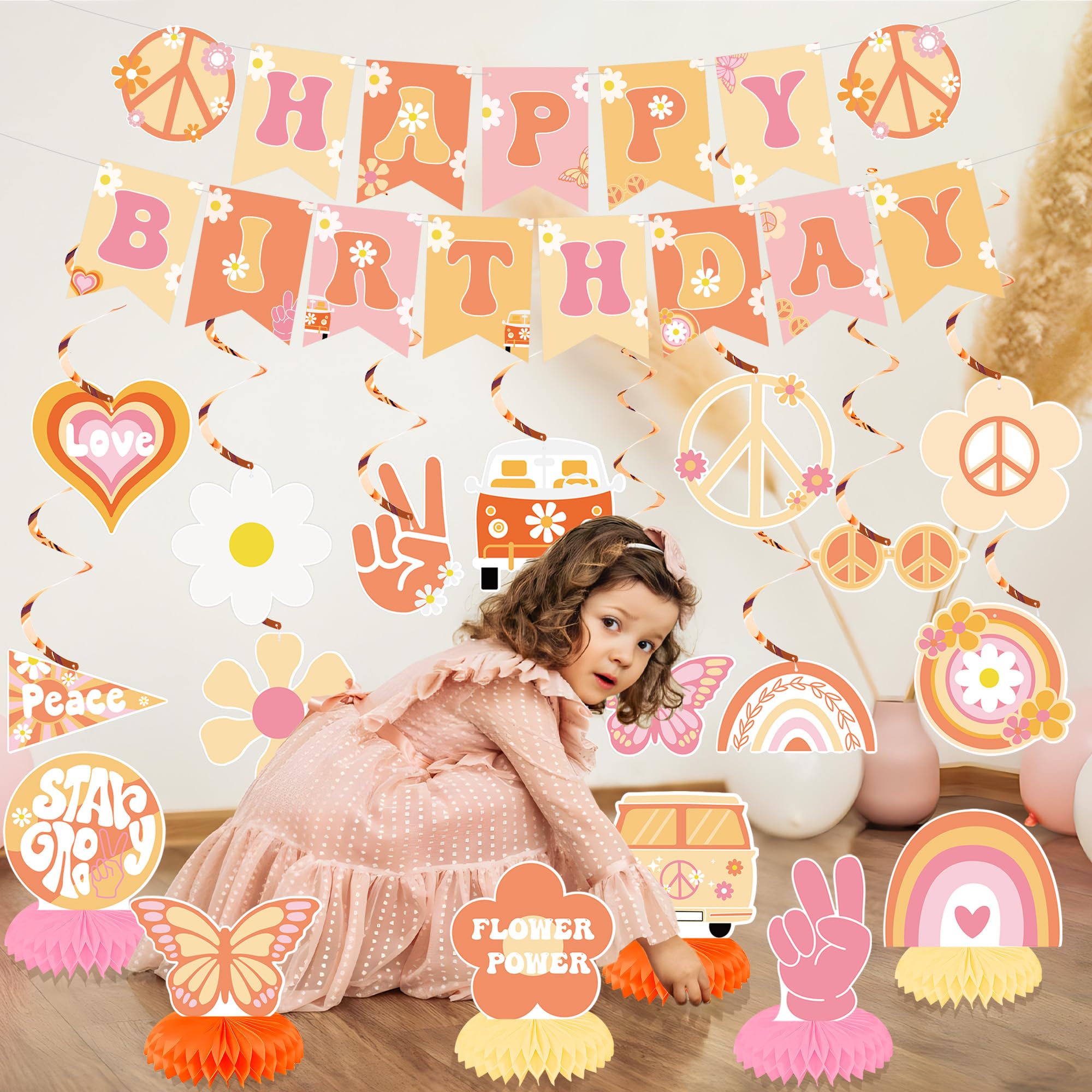 Hippie dekoracje imprezowe, w stylu retro, boho, z napisem "Happy Birthday", hipisowskie, wiszące wiry, boho, struktura miodu, artykuły na przyjęcie urodzinowe, 19 szt