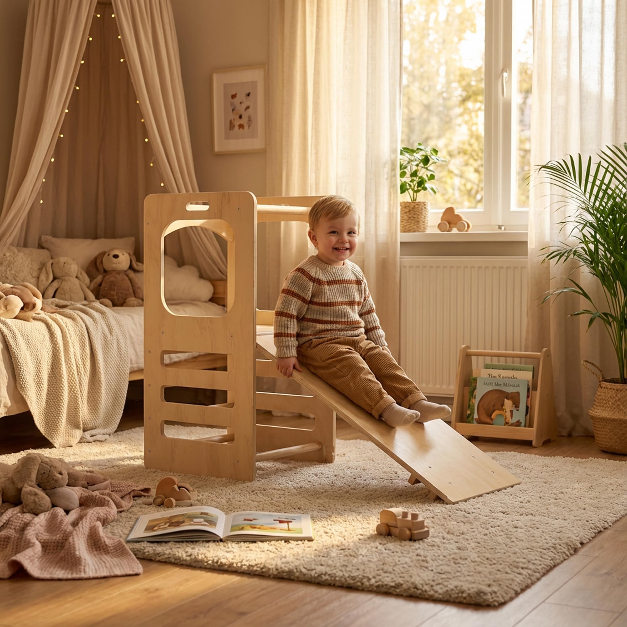 Deryan Tour d Observation Enfant Montessori - Stable & Sécurisée, Hauteur réglable sur 3 Niveaux - Tour d'apprentissage - Fabriqué en Europe - 90 cm - Learning Tower/Toddler Tower - Naturel