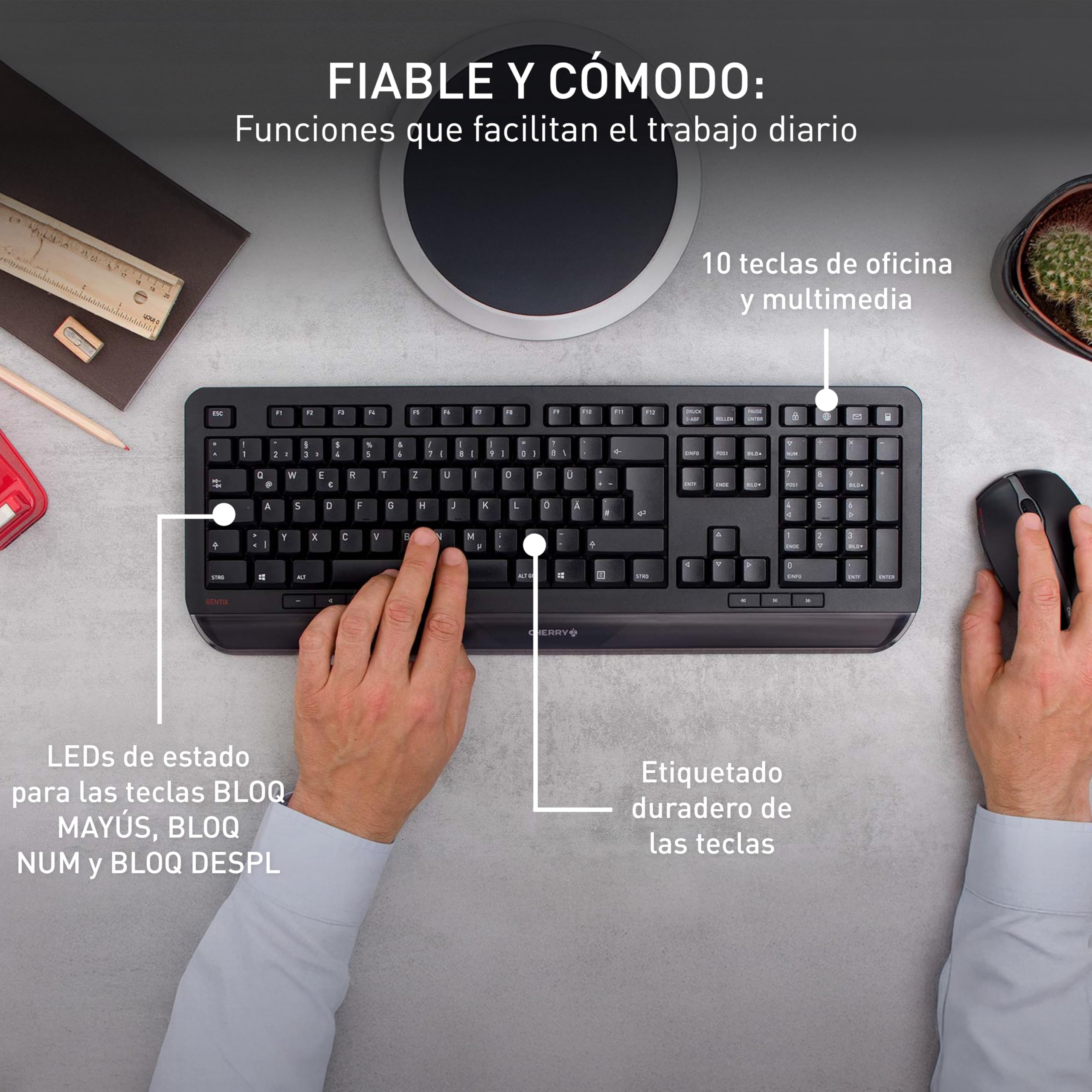 Cherry GENTIX Desktop, Set de Teclado y Ratón Inalámbrico, Distribución de Teclado Alemán (QWERTZ), Inalámbrico 2.4 GHz, Reposamuñecas Integrado, Diseño Simétrico, Negro