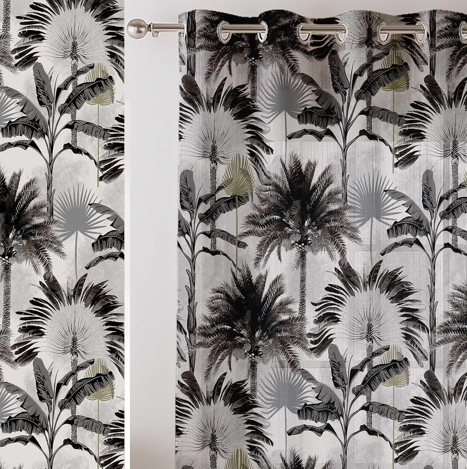 Tropical Tree Print Sheer Curtains for Short Windows - Set of 2 Panels, 63", Grommet Top, Printed Georgette, Light Filtering Drapes for Kitchen or Bedroom