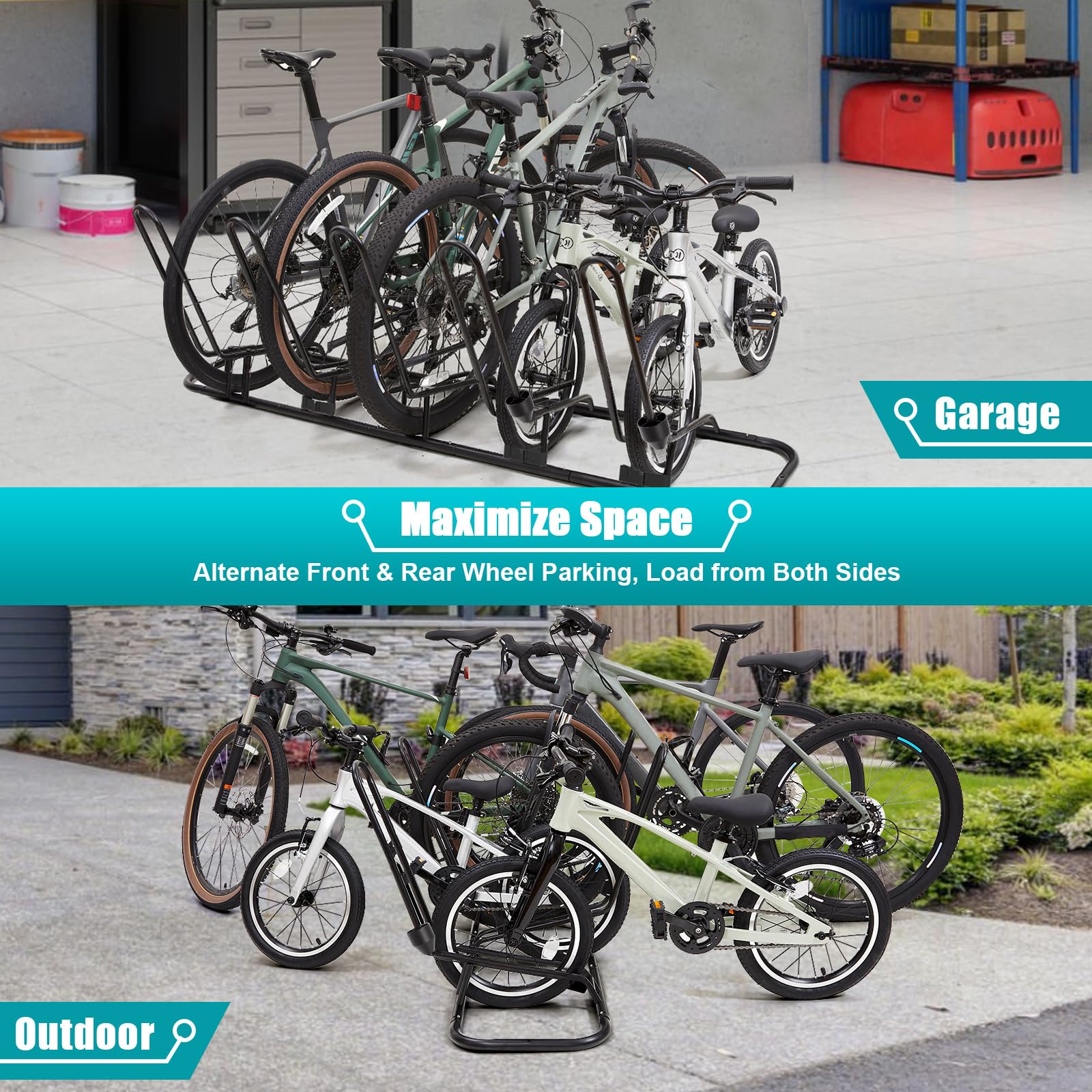 Floor Bike Stand for 5 Bikes, Bike Rack Safeguard Disc Brakes & Derailleurs, Waterproof Bike Holder Road/Kids/MTB Bicycles, Fits 12"-29" Tires, Upgraded 0.63" Steel Tubes, for Indoor Outdoor Garage