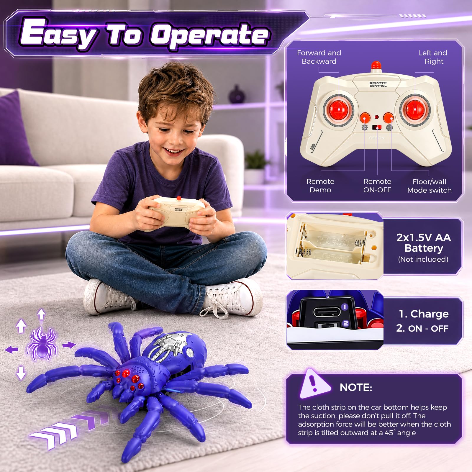 Ferngesteuerte Spinne Spielzeug, RC Spinne Fernbedienung Wandkletterspinne Auto, 360° Rotation Stunt RC Auto, Kletterwände und Krabbeln Auf Dem Boden Spielzeug, Geschenk für Jungen Mädchen, Lila