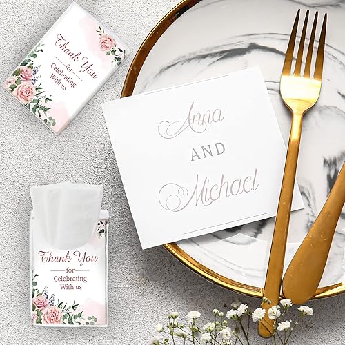 Miniatura 7 de Paquete de 100 pañuelos de boda a granel, con texto en inglés "Thank You for Celebrating with Us", pañuelos faciales para bodas, pañuelos de tamaño