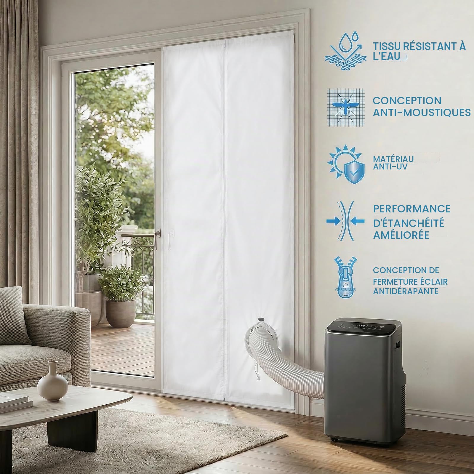Kit d'Étanchéité Porte et Fenêtre pour Climatiseur Mobile Qoosea - 90x210cm avec Passage à Cordon et 7m de Bandes Adhésives pour Portes Coulissantes et Fenêtres