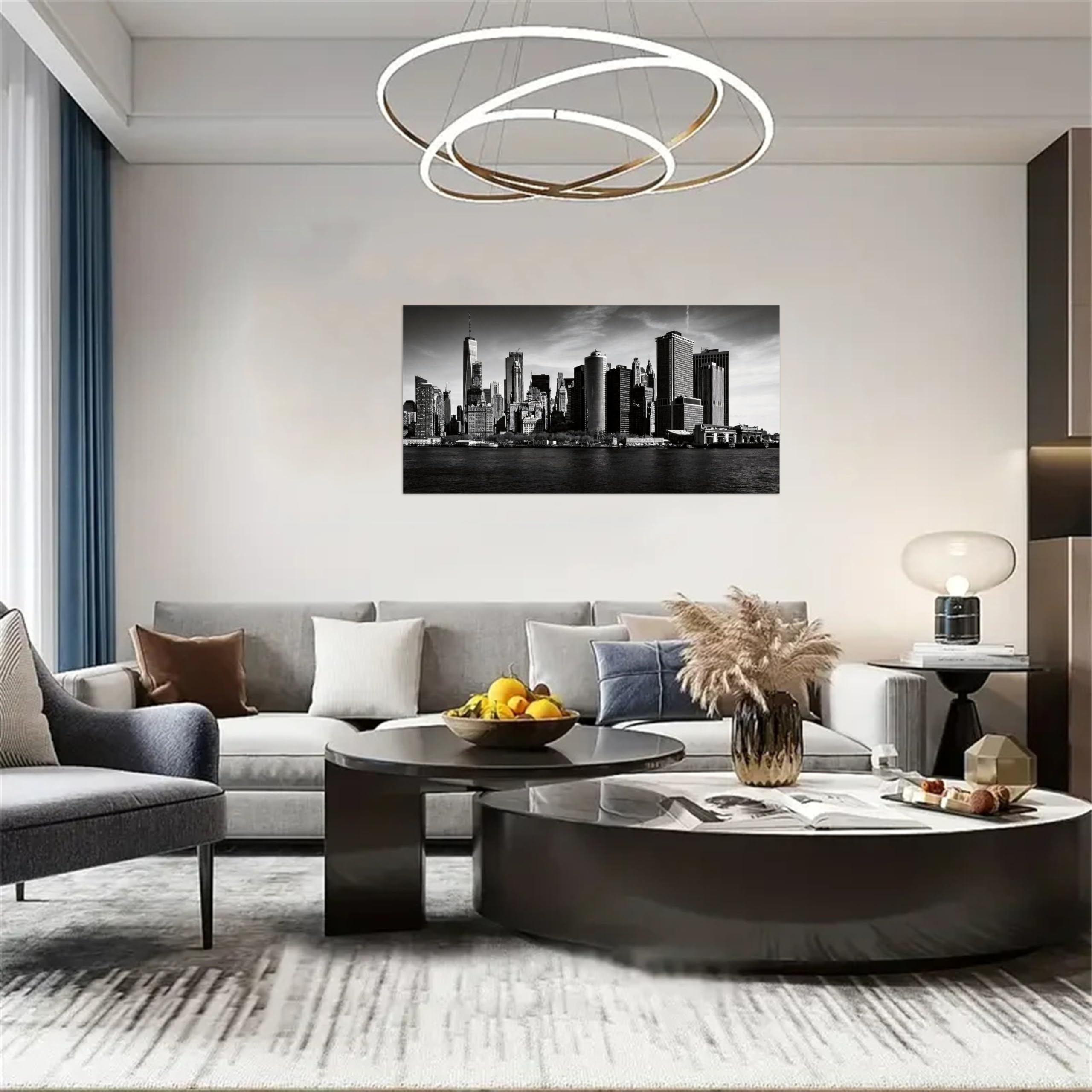 OZPWBVY Schwarz und Weiß Landschaftsbild-Stadt Gebäude Skyline-Minimalistisch Bild auf Leinwand-Wandbild Fertig zum Aufhängen 60x120cm Gerahmt