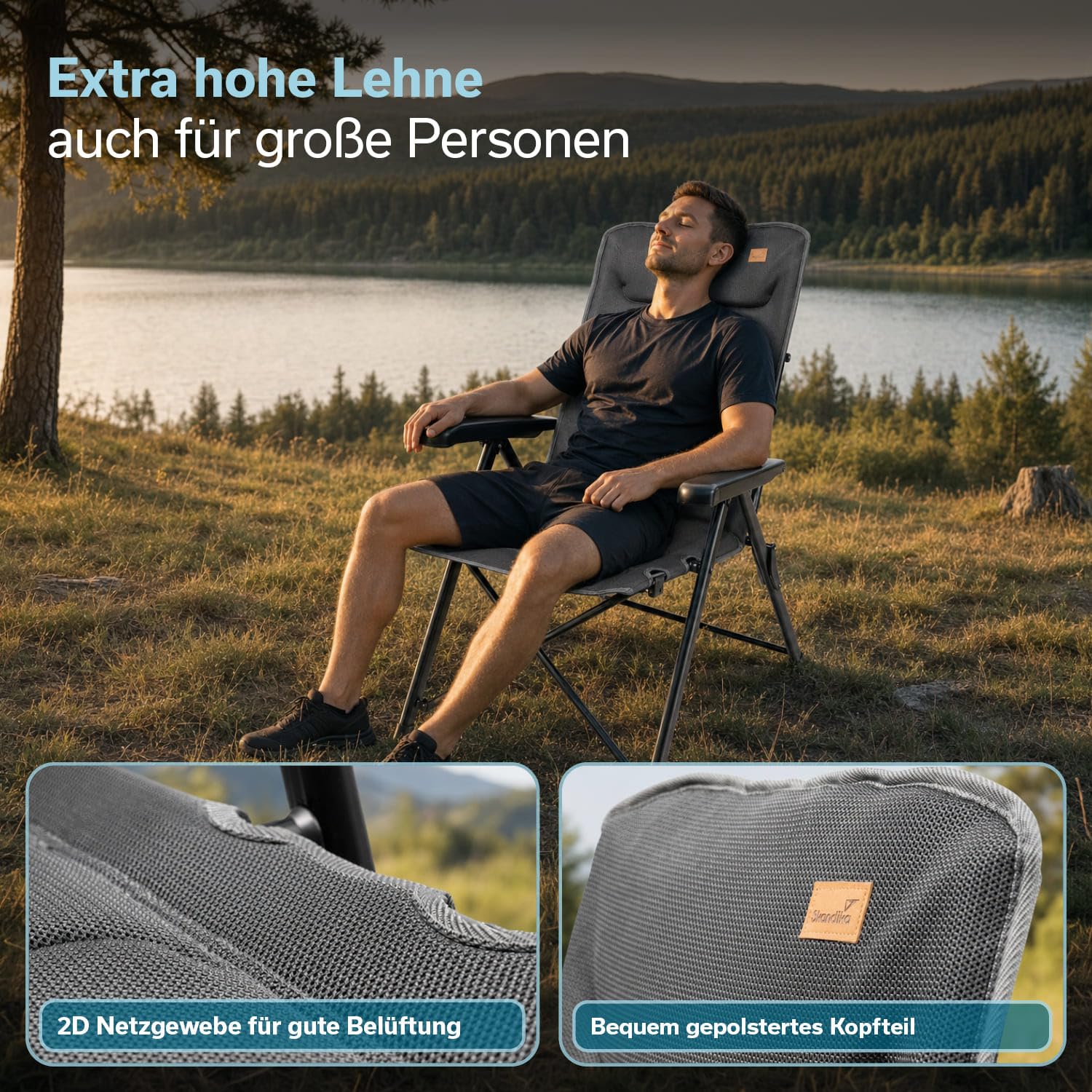 Skandika Klappstuhl Lepola | Campingstuhl faltbar aus Aluminium, Alu-Gartenstuhl, 7-Fach verstellbare Rückenlehne, 180kg belastbar, klappbar, hohe Lehne, Kopfstütze | Camping, Garten