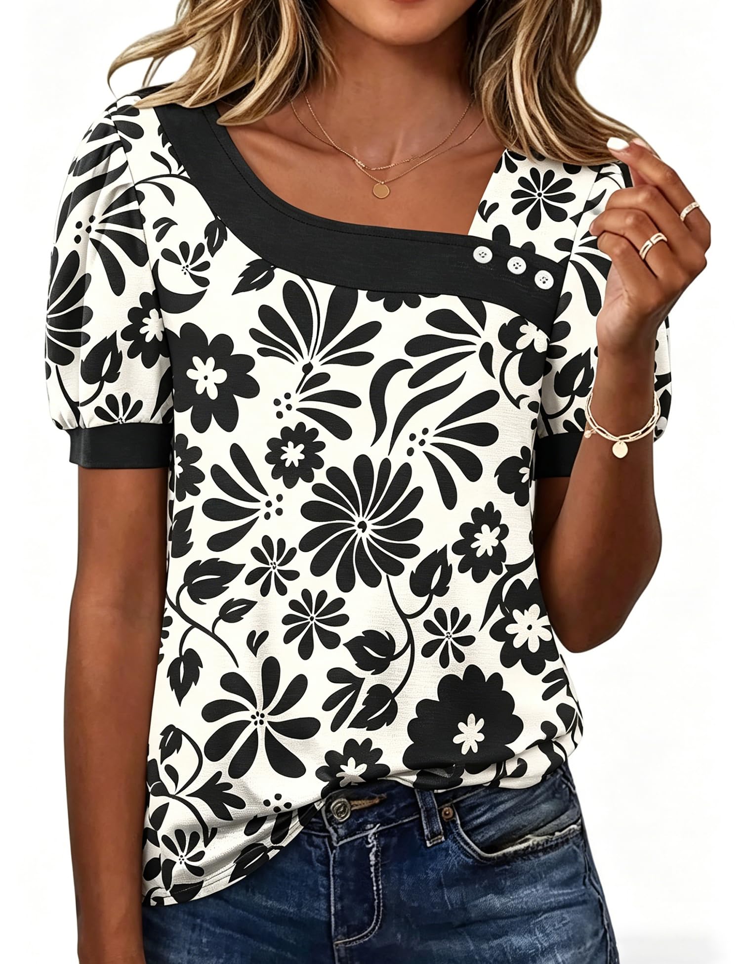 Rapbin Bluse Damen Kurzarm Oberteile Elegant Asymmetrischem Ausschnitt T-Shirt Sommer Button Blusenshirt Casual Top from S to XXL