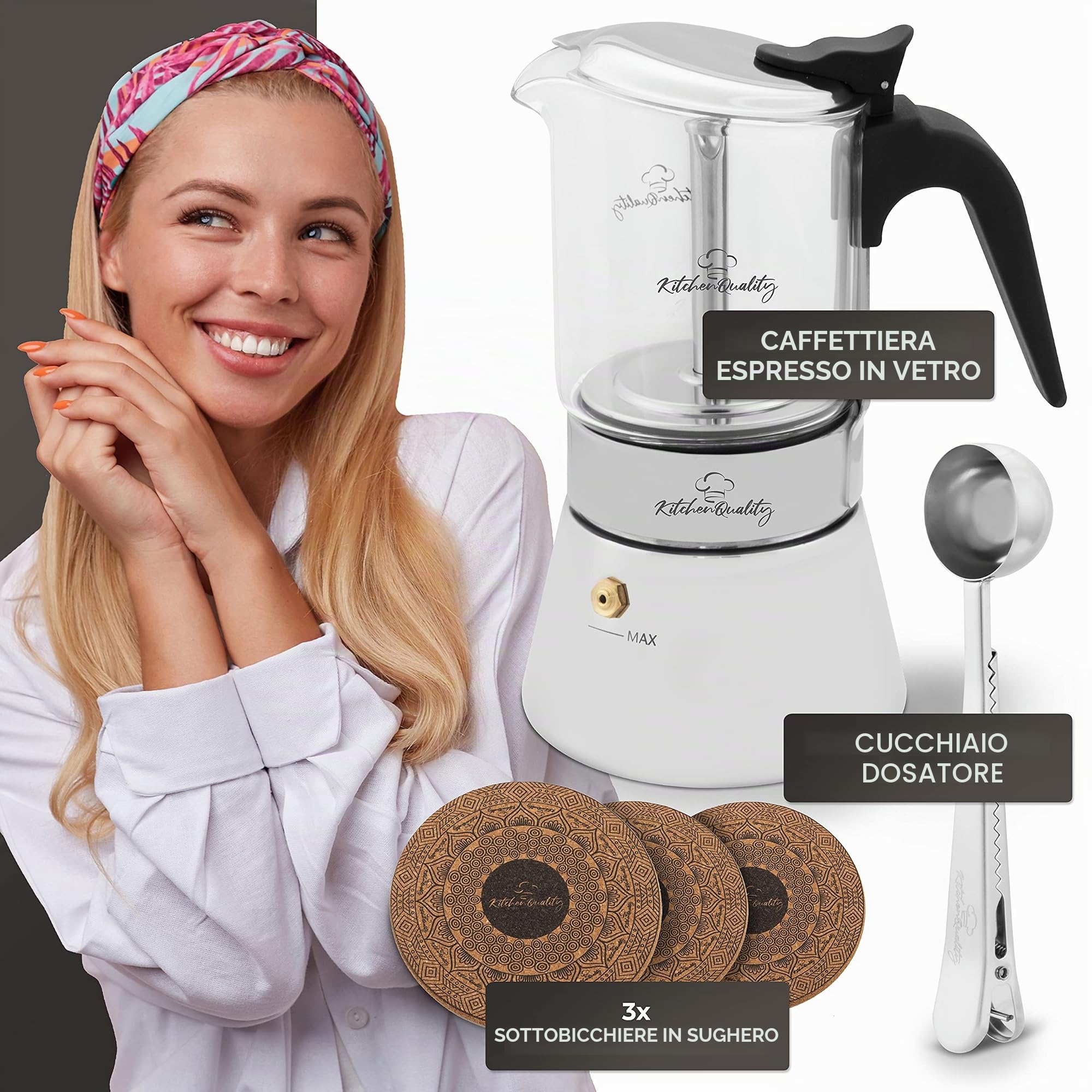 Caffettiera,Vetro + Acciaio Inossidabile,240 ml,per 4 tazze,18.5x14 cm, elettrico + induzione,con cucchiaio da porzionamento + 3 sottobicchieri in sughero