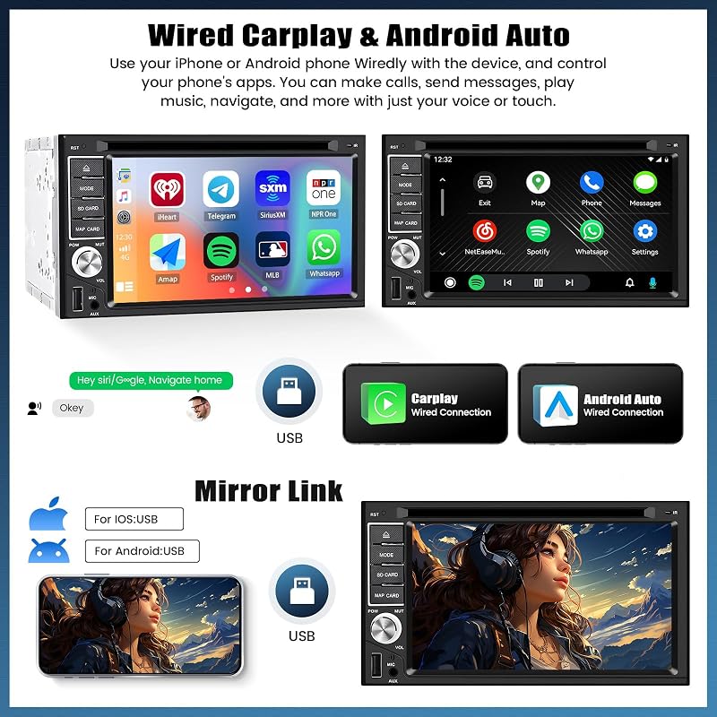 CAMECHO 2 DIN autórádió CD DVD MP5 6.2 hüvelykes érintőképernyő CarPlay Android Bluetooth Mirror Link kormányvezérléssel tolatókamera FM rád