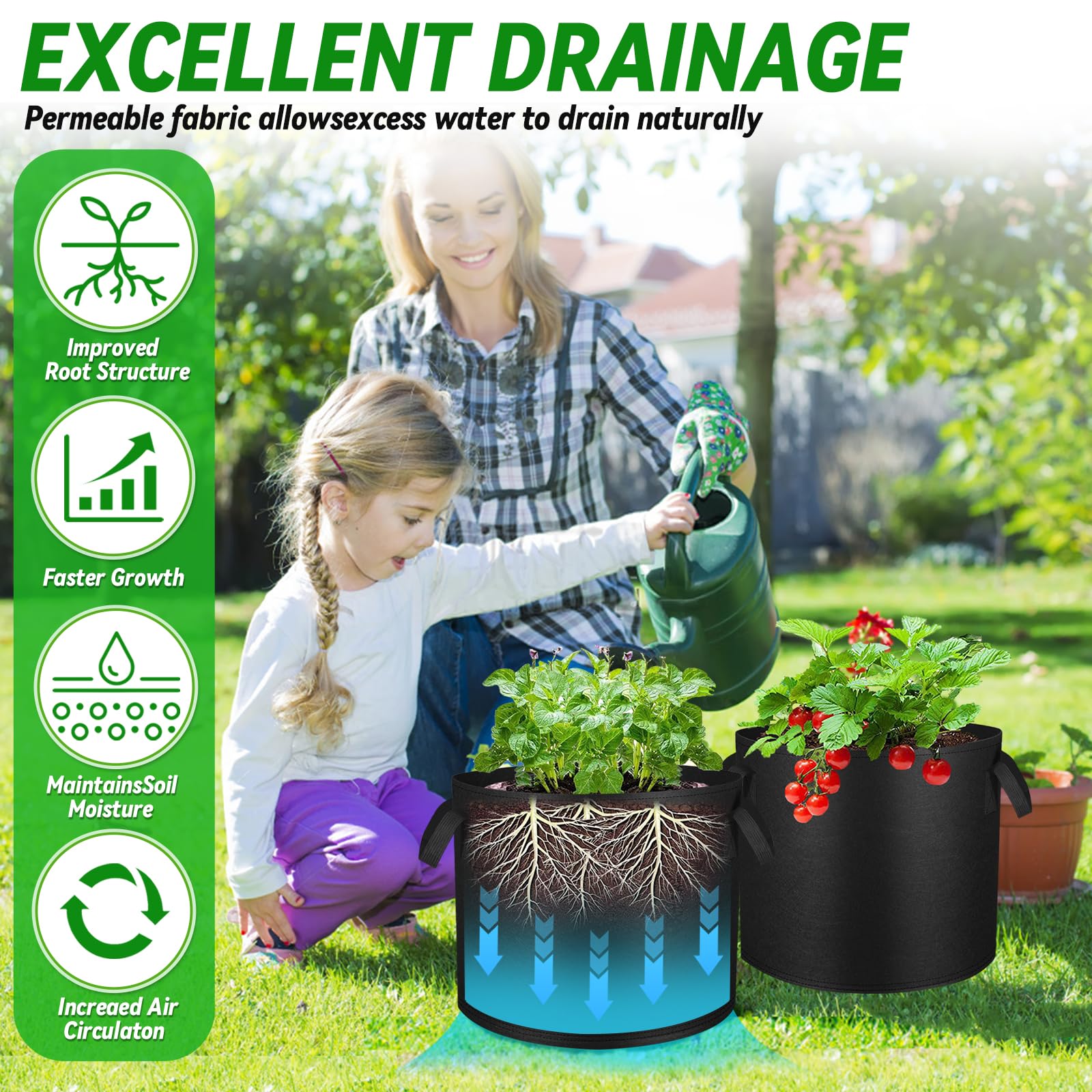 Grow Bags 5 Pezzi – Vasche In Tessuto Non Tessuto 2 Galloni Con Manici, Per Piante E Orto - 3