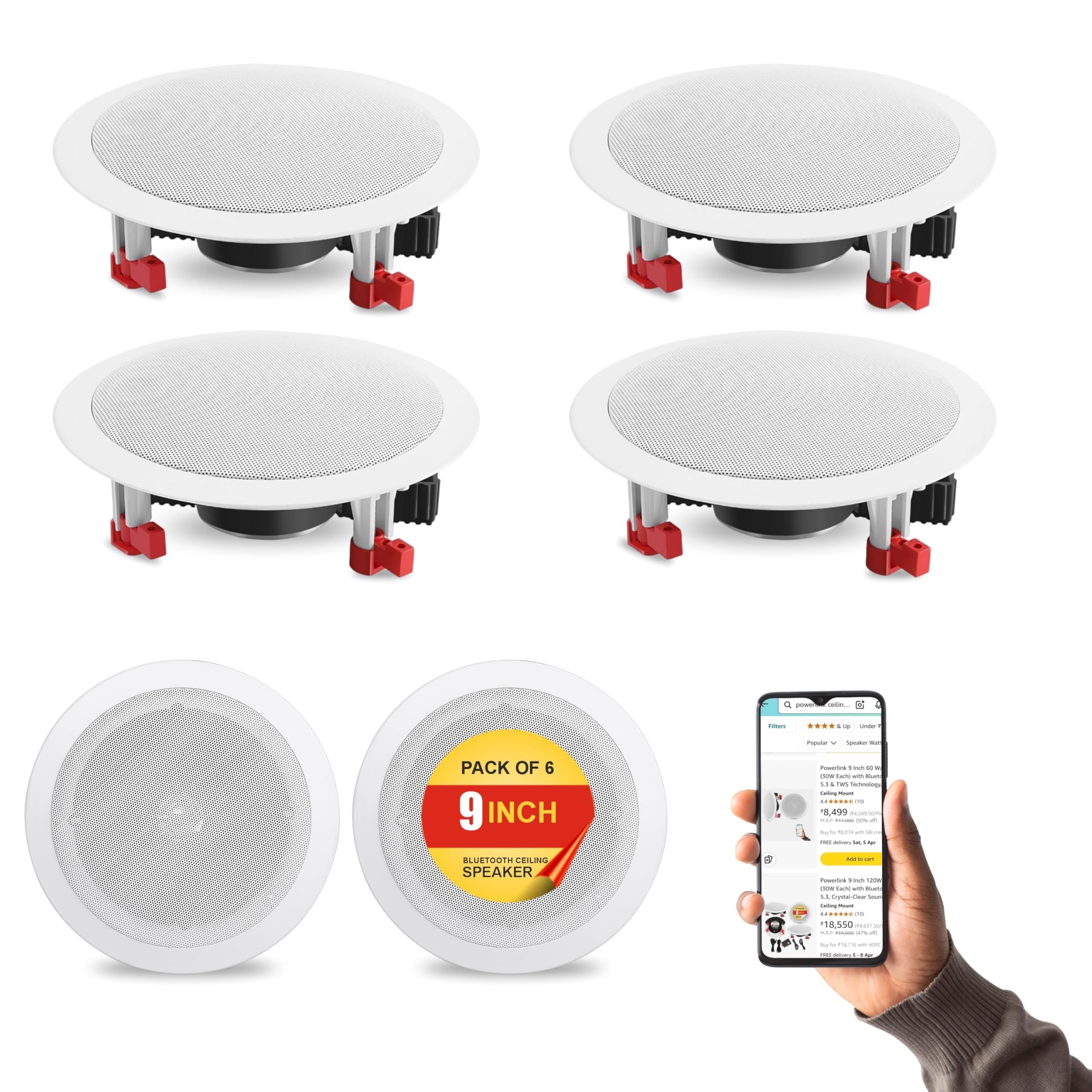 Powerlink 9" Bluetooth Flush Mount in-Ceiling 2-Way Speaker System Quick Connections Polypropylene Cone & Polymer Tweeter Stereo Sound 180 Watt(30W Each) for Office, Gym, Home Theater (Pack of 6)-picture-11
