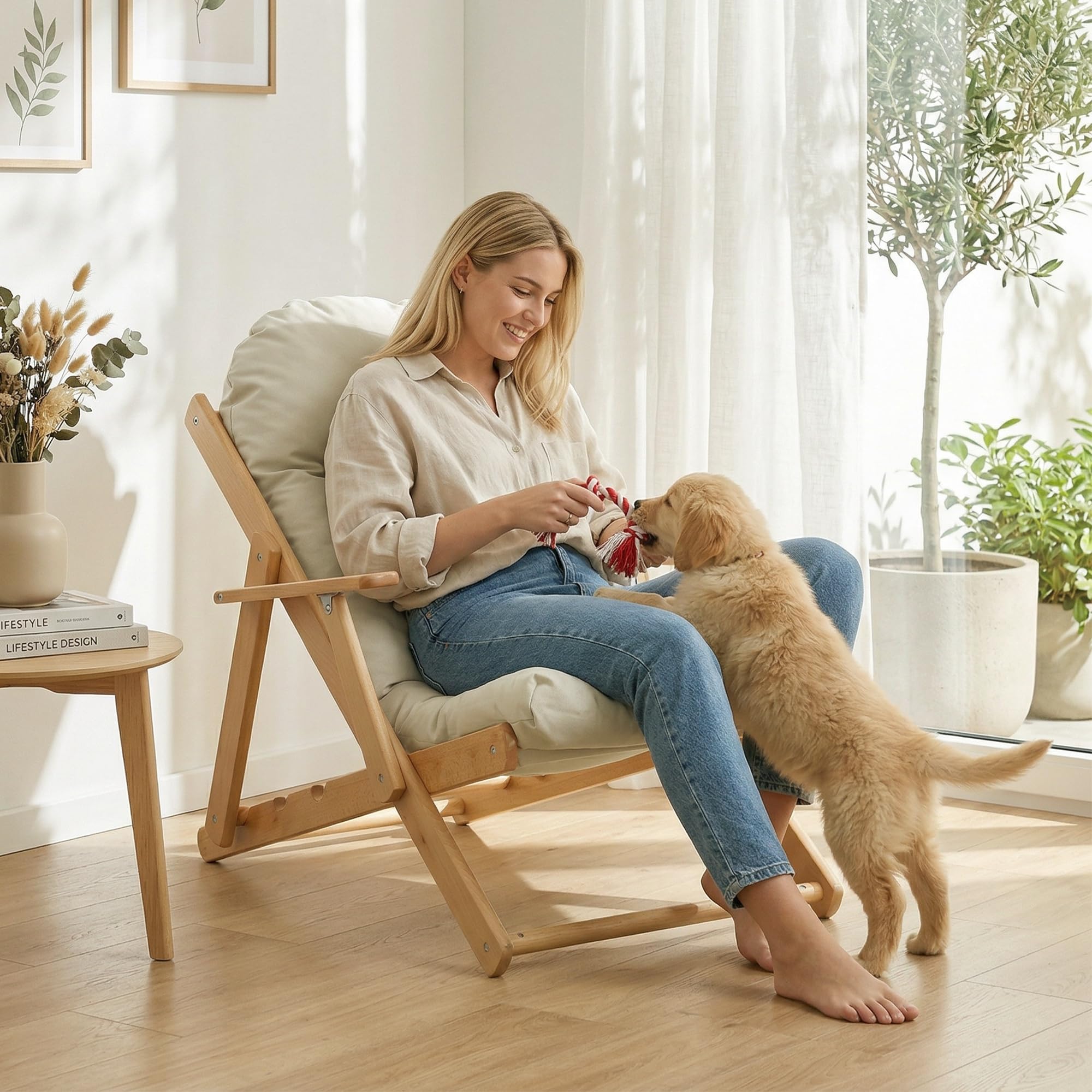 HOMCOM Fauteuil Chaise de Salon Pliable et inclinable en Bois Fauteuil Relax Confortable avec Coussin capitonné épais - 71 x 89 x 96 cm crème