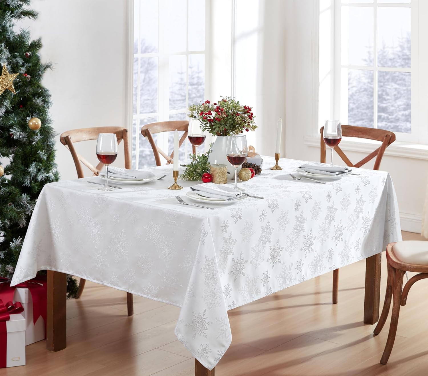 Newbridge Fancy Metallic Snowflake Christmas Fabric Tablecloth, 60 x 84 Inch Rectangle, White Silver, No-Iron Soil Resistant Sparkling Snowflakes Woven Holiday Table Cover