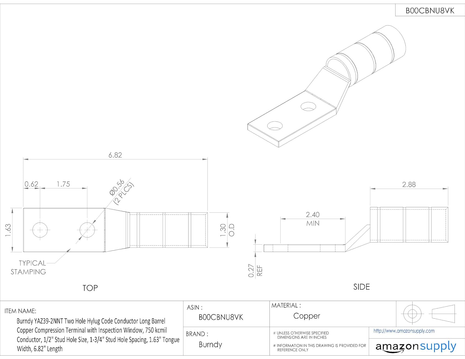 Burndy YAZ39-2NNT Two Hole Hylug Code Conductor Long Barrel Copper Compression Terminal with Inspection Window, 750 kcmil Conductor, 1/2" Stud Hole Size, 1-3/4" Stud Hole Spacing, 1.63" Tongue Width, 6.82" Length,Black