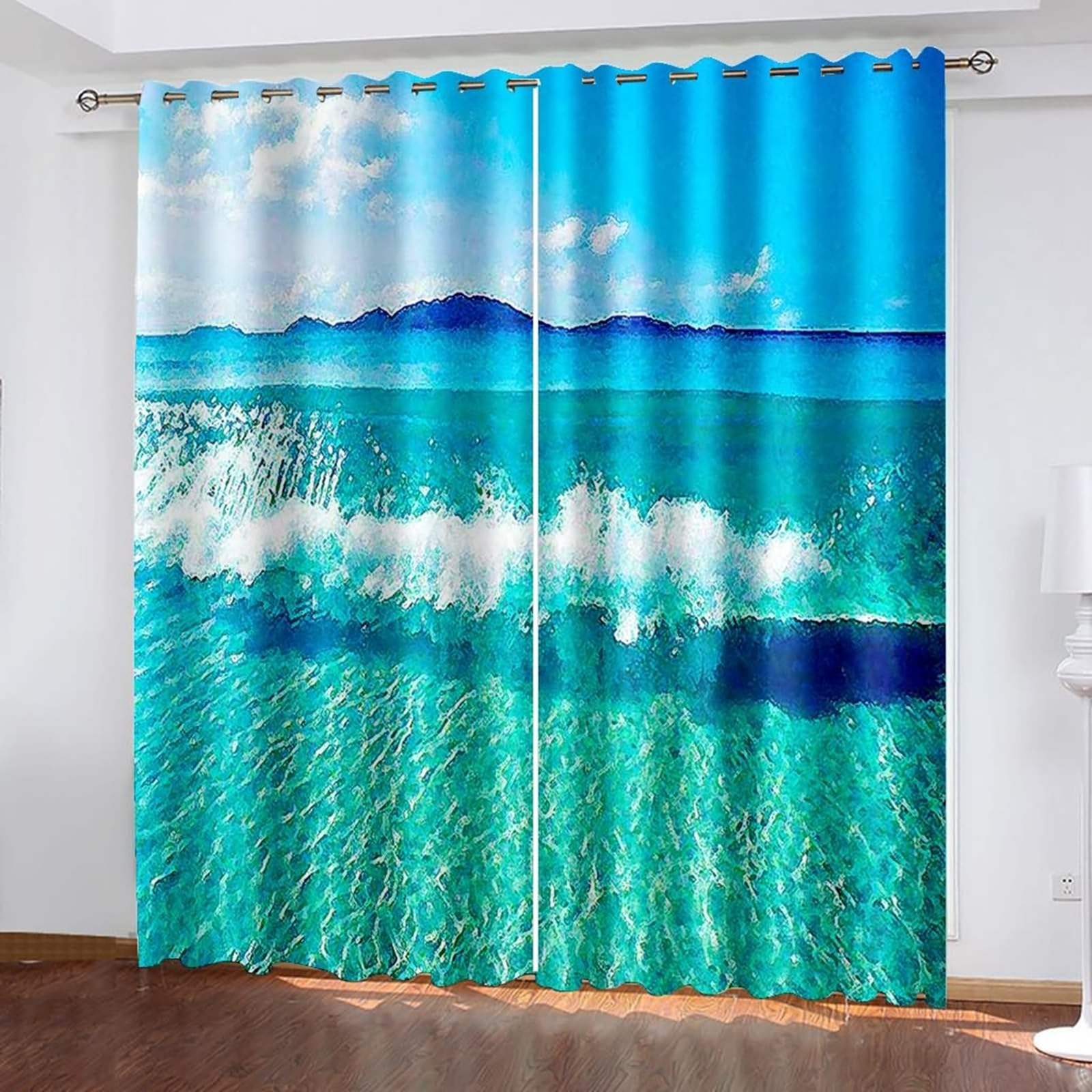 Cortinas opacas para dormitorio, juego de 2 piezas, cortina de ventana con ollaos, paisaje abstracto con olas del mar, cortinas elegantes para salón, 234 x 274 cm (ancho x alto), azul verde
