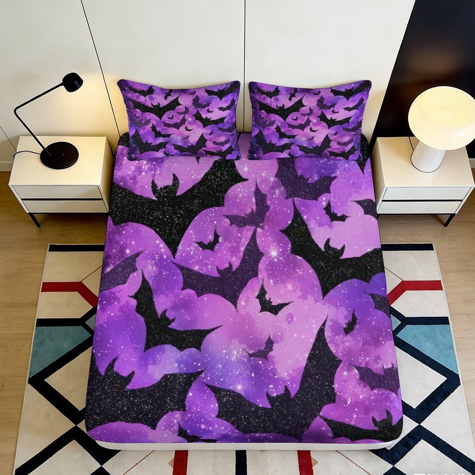 3D Printed Purple Bat Pattern Fitted Sheet Microfiber Soft Breathable Starry Night Bed Cover for Bedroom Dormitory Guest Room Mattress Protection 120x200x25cm