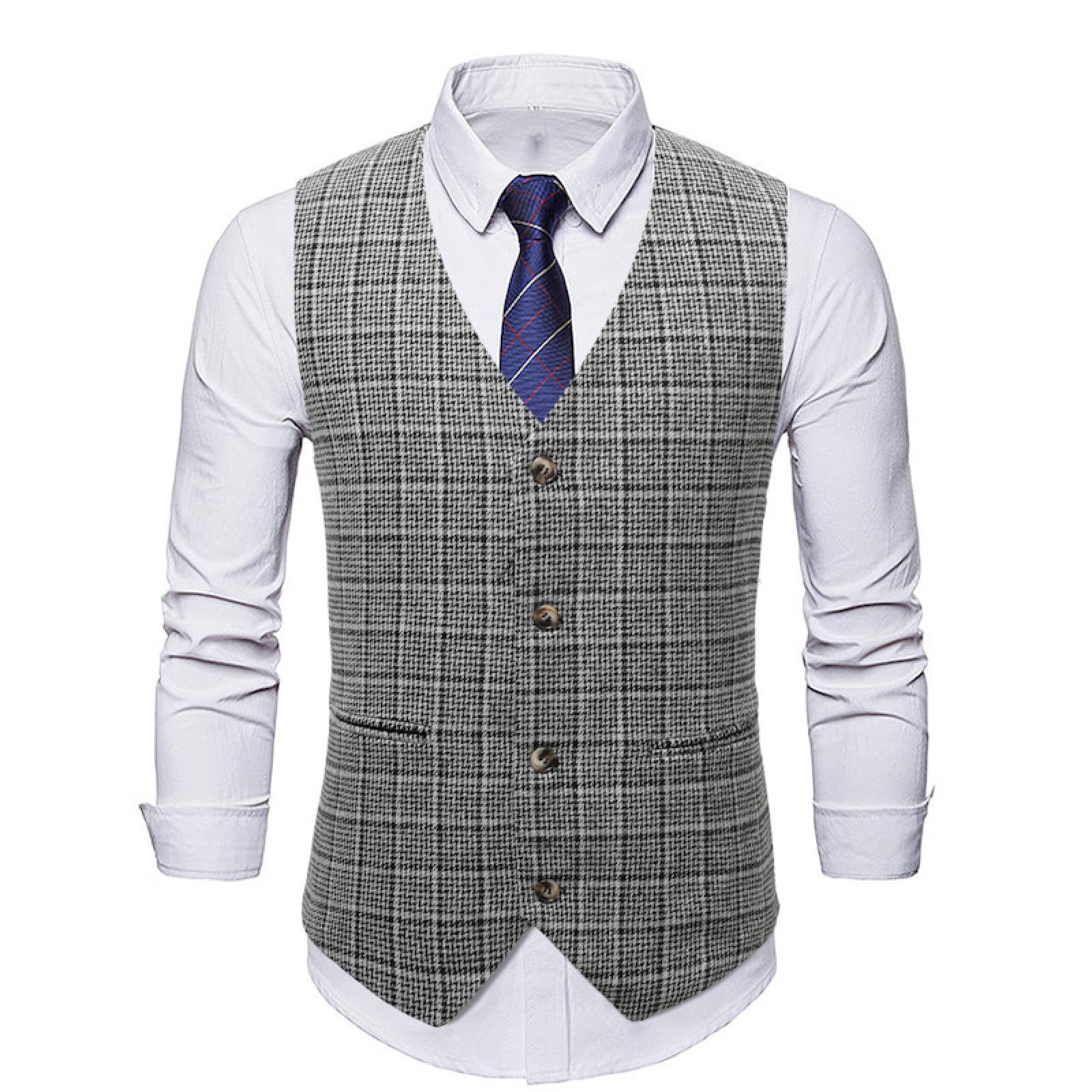 SHACE Herren Anzugweste - Herren Herringbone Tweed Anzug Weste V-Ausschnitt Einreiher Regular Fit Weste Business Hochzeit Abschlussball Smoking Ärmellose Weste