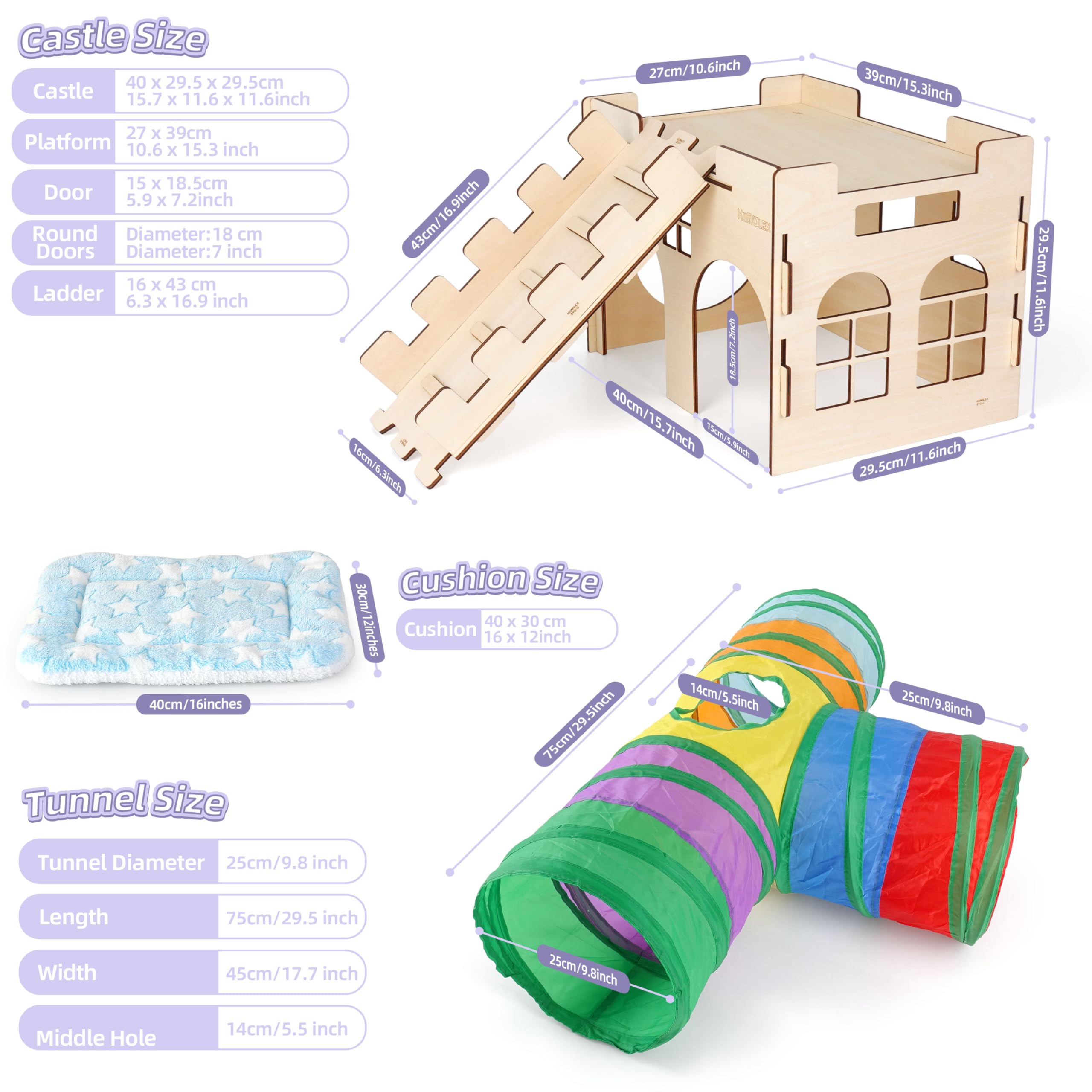 hiimalex Caja de regalo de conejo: castillo de conejo con rampa, cama de felpa, túnel colorido para conejos de interior para jugar, esconder casa con escaleras, tubo, cama de felpa para conejos,