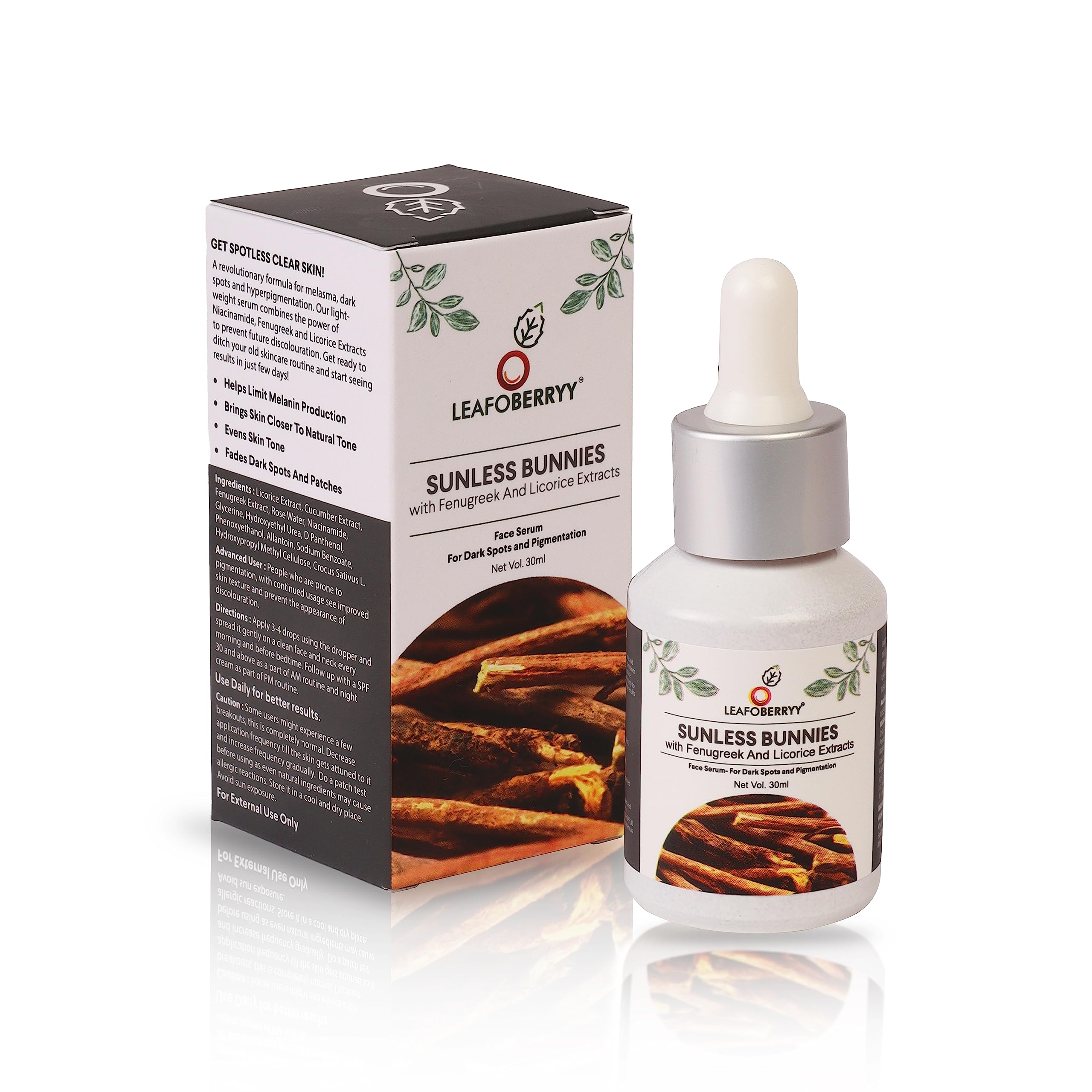Leafoberryy Sunless Bunnies Anti- Pigmentation Face Serum with Niacinamide, Fenugreek and Licorice Extracts I Fades Dark Spots | 30 ML