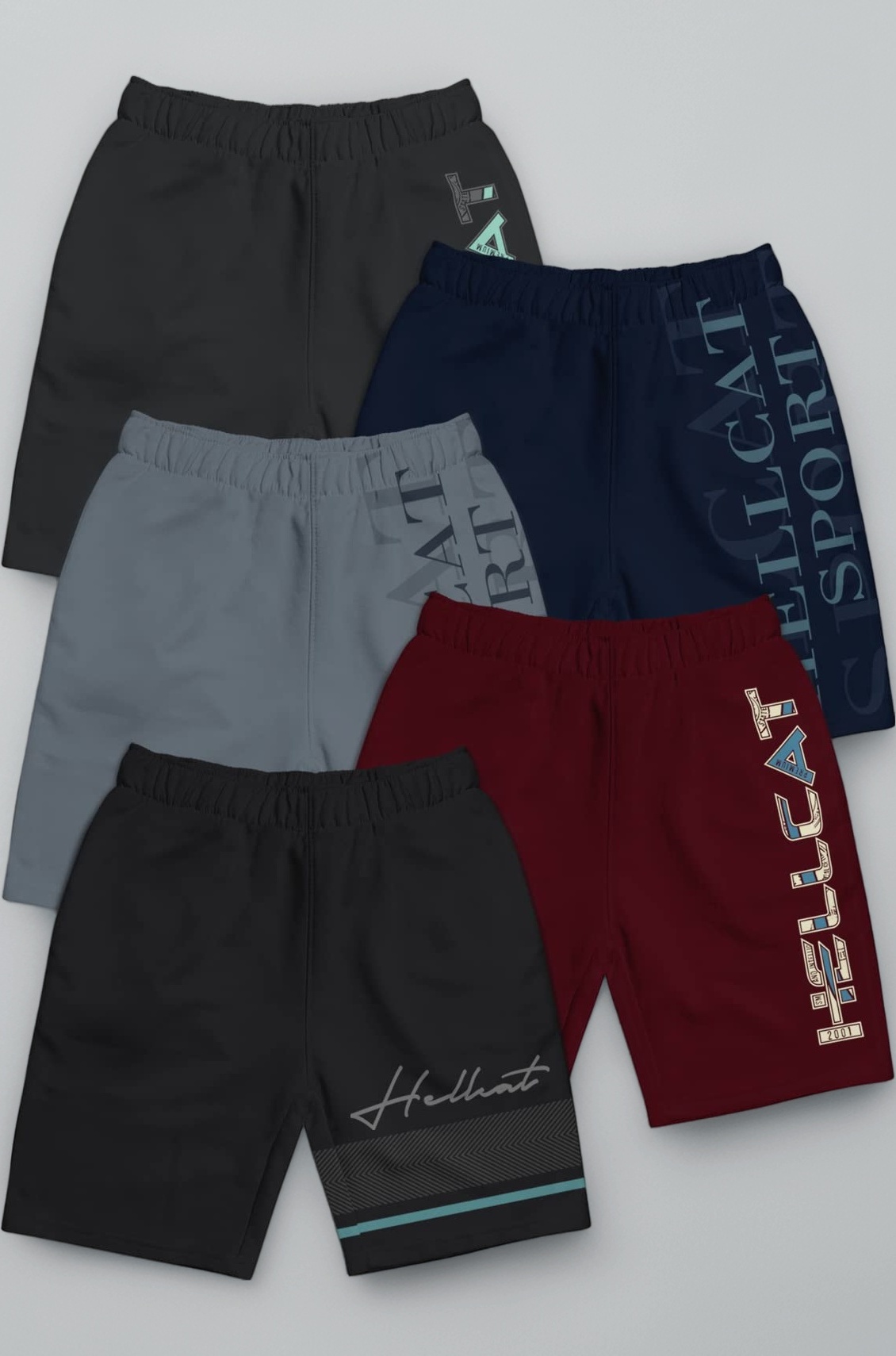 HELLCAT Pack of 5 Trendy Typographic Printed Mid Rise Shorts for Boys