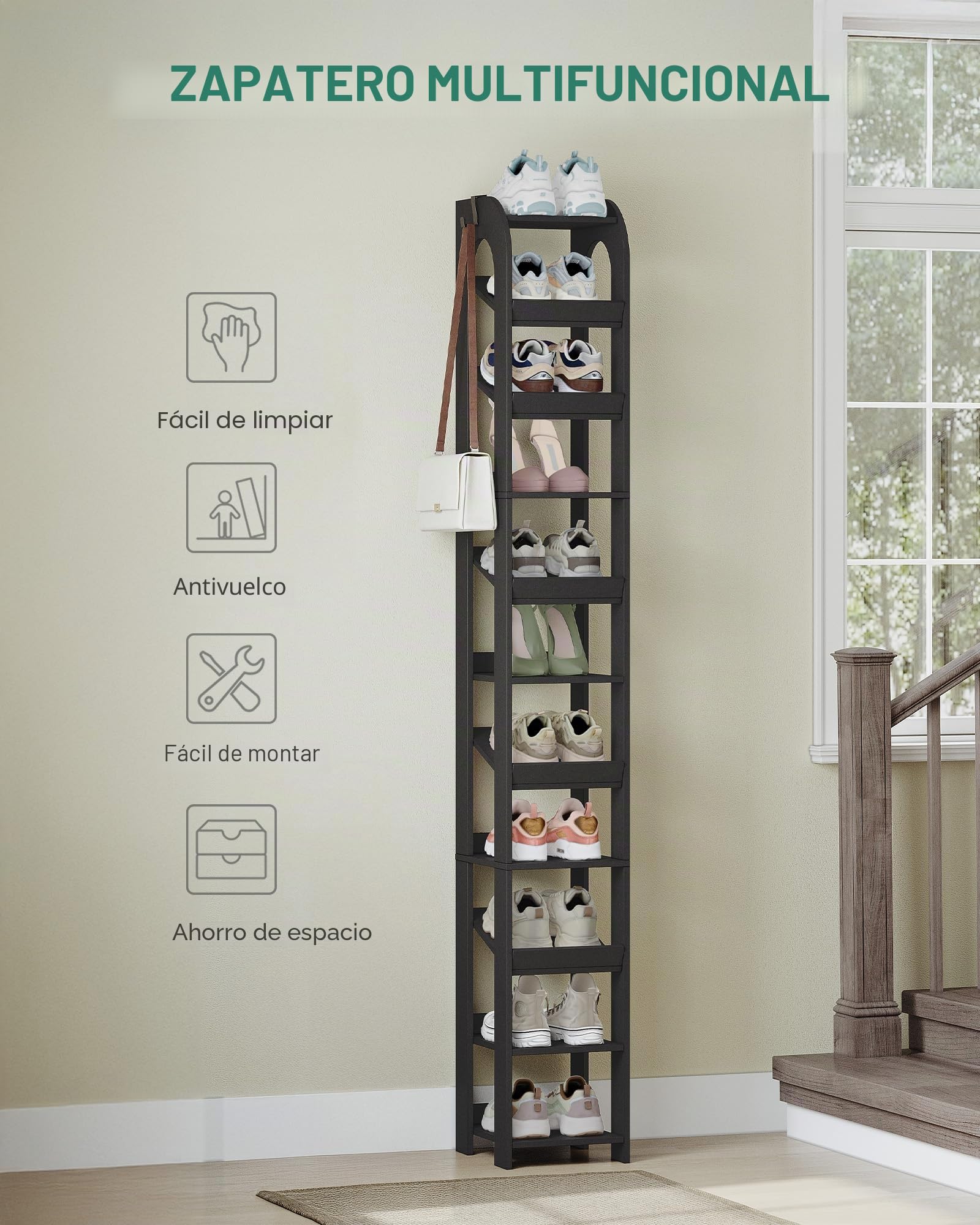 Hzuaneri Zapatero, 11 Estantes, con Ganchos, Negro | Organizador de Zapatos de Madera Para Armario, Entrada, Torre de Zapatos Para Habitaciones Pequeñas, Ajustable, SR12406X