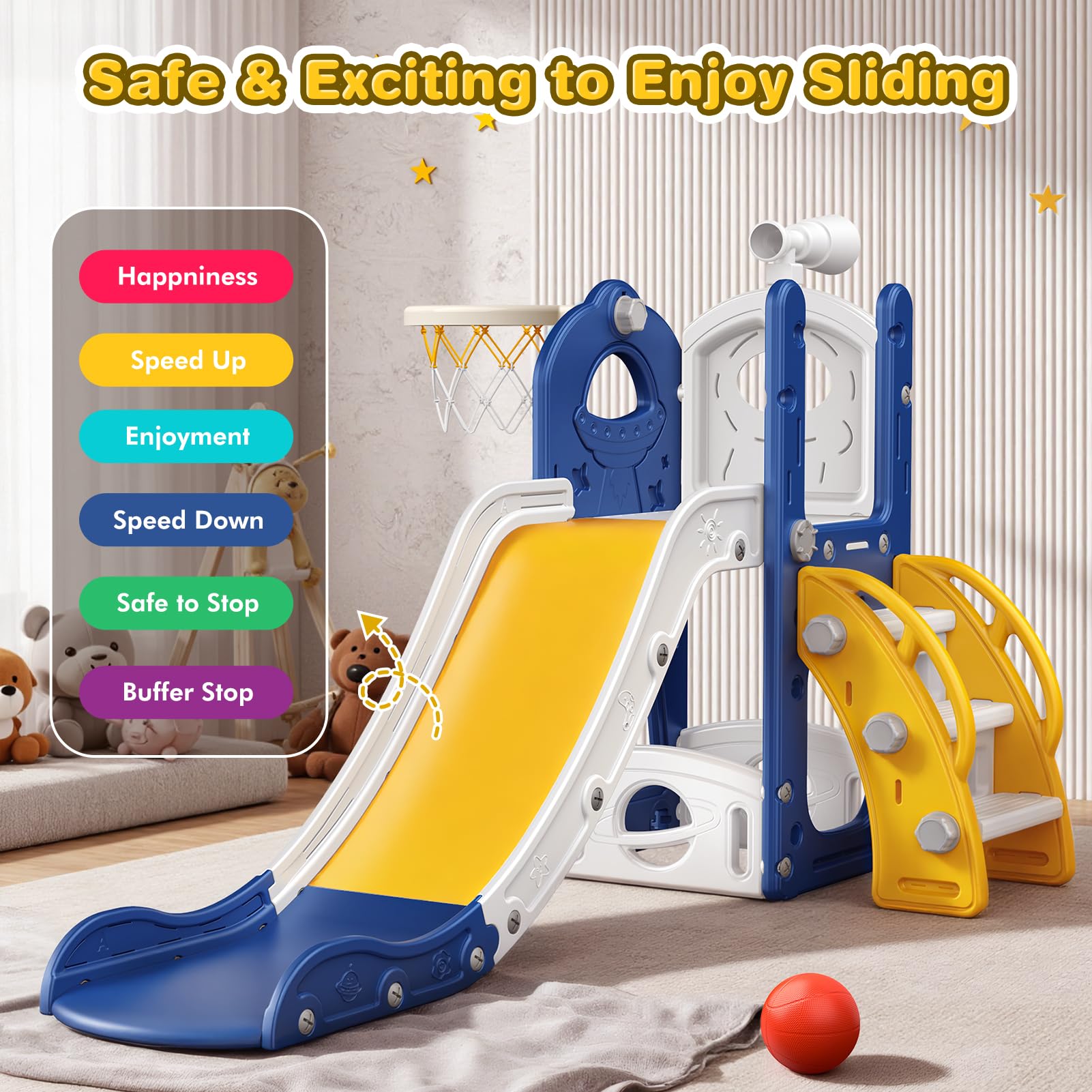 Scivolo per Bambini: Grande Scivolo Blu per Bambini in Età 1-3 Anni con Cestino da Basket, Scivolo per Bambini con Spazio di Stoccaggio, Set di Gioco per Bambini con Scala da Arrampicata, Giocattolo
