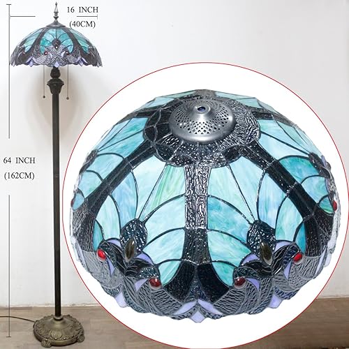 Miniatura 5 de WERFACTORY Tiffany - Lámpara de pie verde y marrón con vitrales, luz de lectura de pie de 16 x 16 x 64 pulgadas, lámpara de esquina de poste