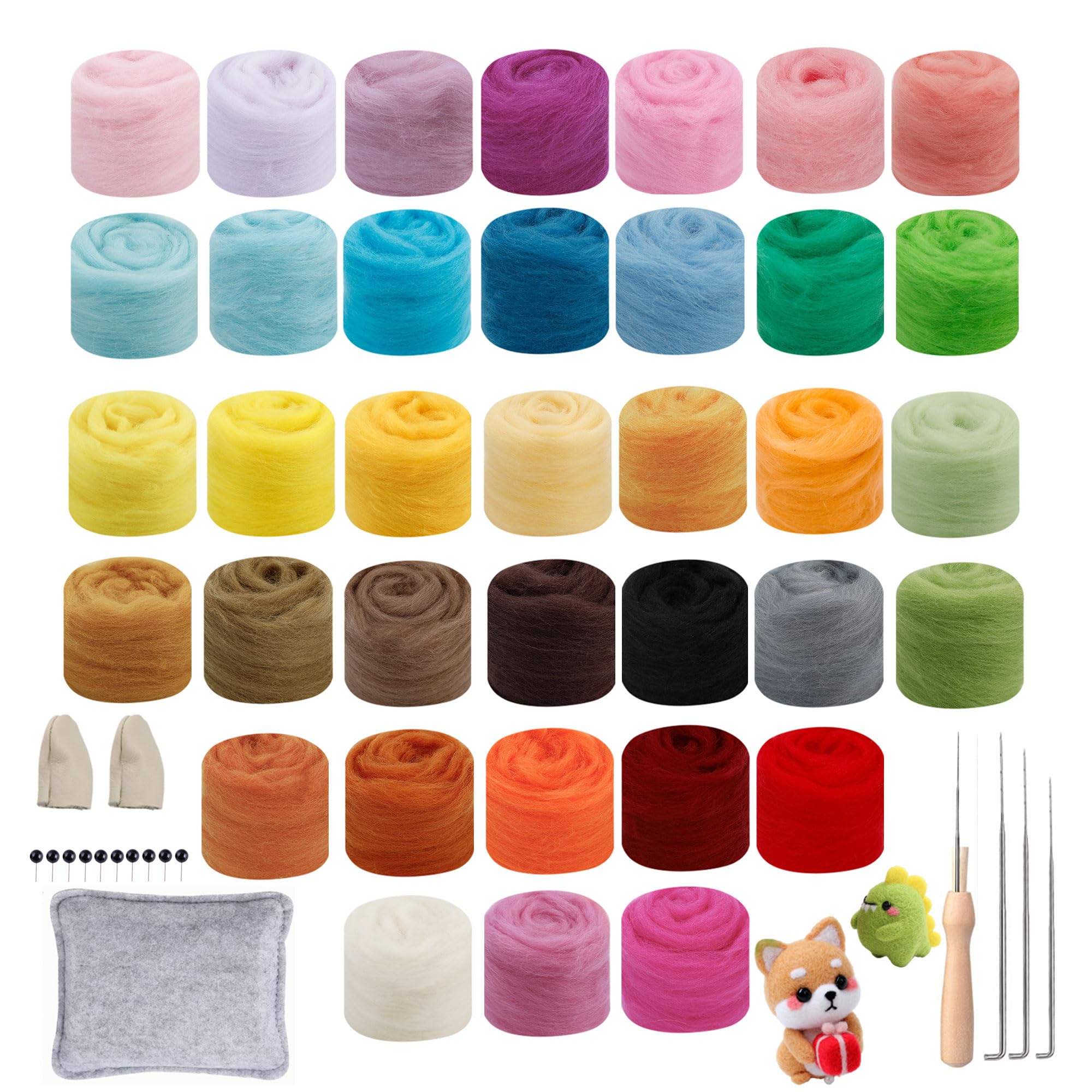 Filzwolle Set 36 Farben 108g Märchenwolle Filzwolle für Nassfilzen und Trockenfilzen, mit Filzunterlage Filznadeln Puppenaugen, Wolle zum Filzen Set zum Basteln für Anfänger Basteln Handwerk