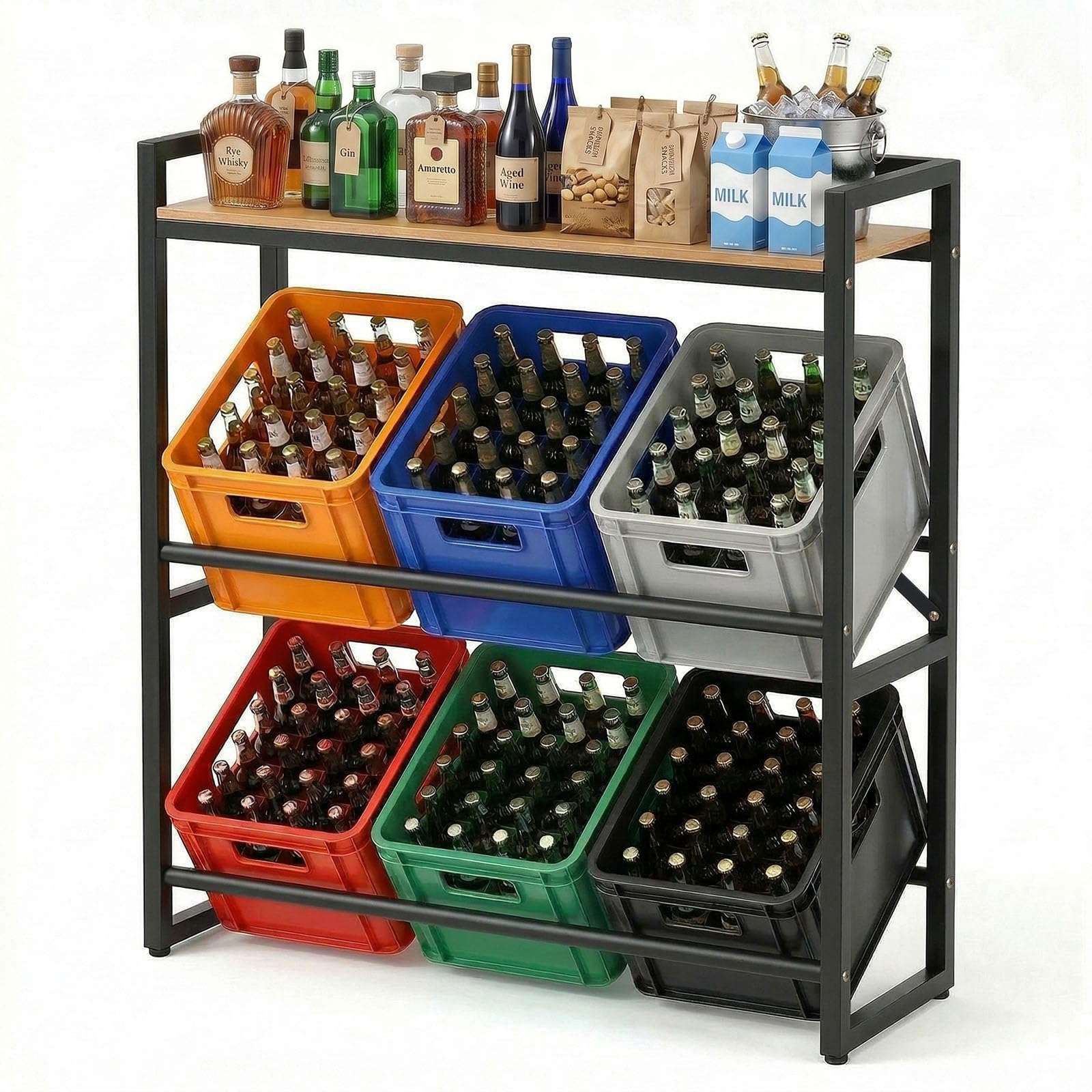 Treeboy Natural Wood Meatal Beverage Crate Shelf Storage Rack For 6 Beverage Crates In For Beer,Fruit,Vegetables-Sturdy Drinks Crate Rack 370 Kg Load Capacity For Kitchen, Storage Room