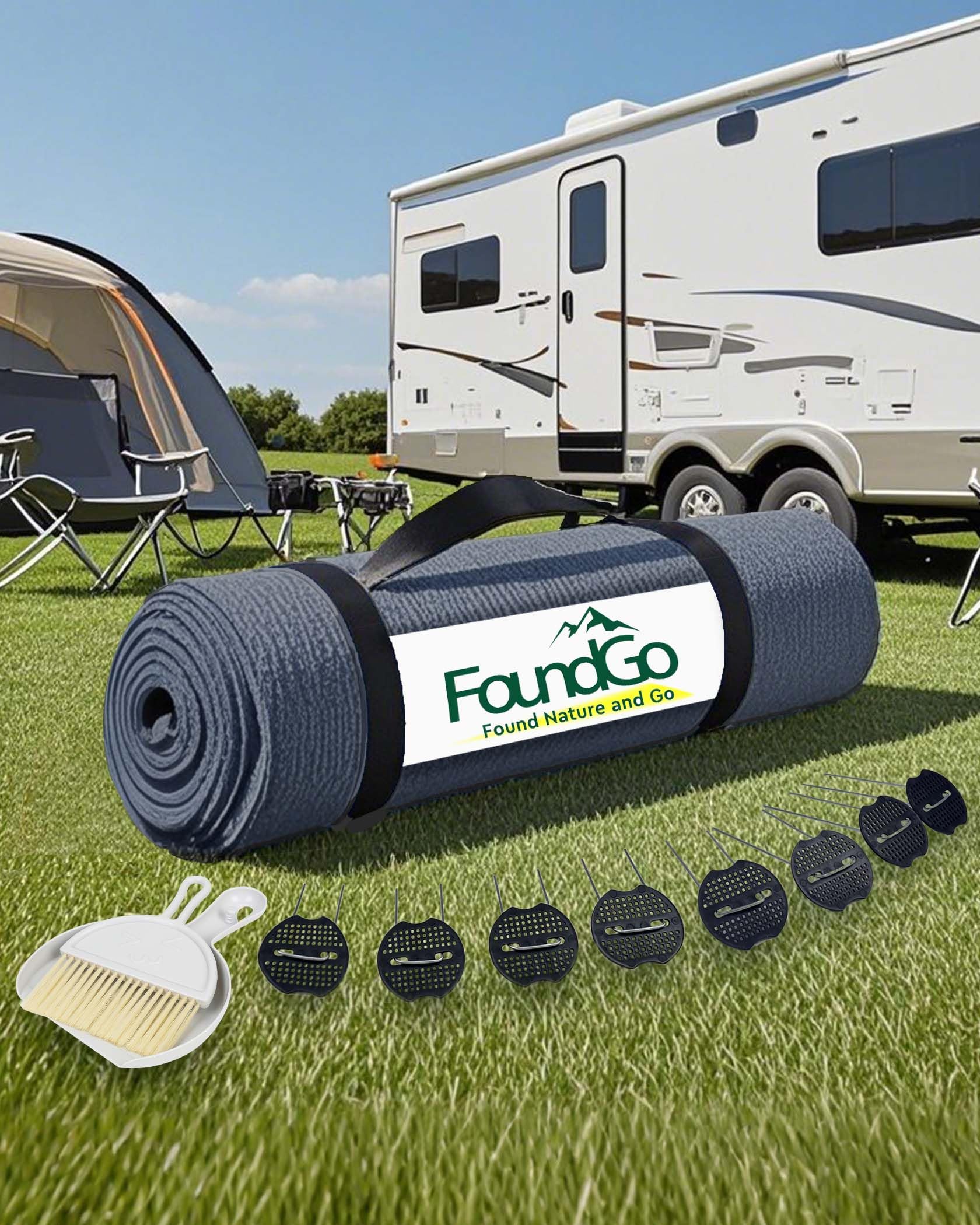 FoundGo Awning Carpet HDPE Camping Outdoor Rug with Eyelets,Nails,Broom,for RV,Patio,Backyard,Picnic,Beach,Trailer 9'*12' (2.74 * 3.66m)-Blue Grey