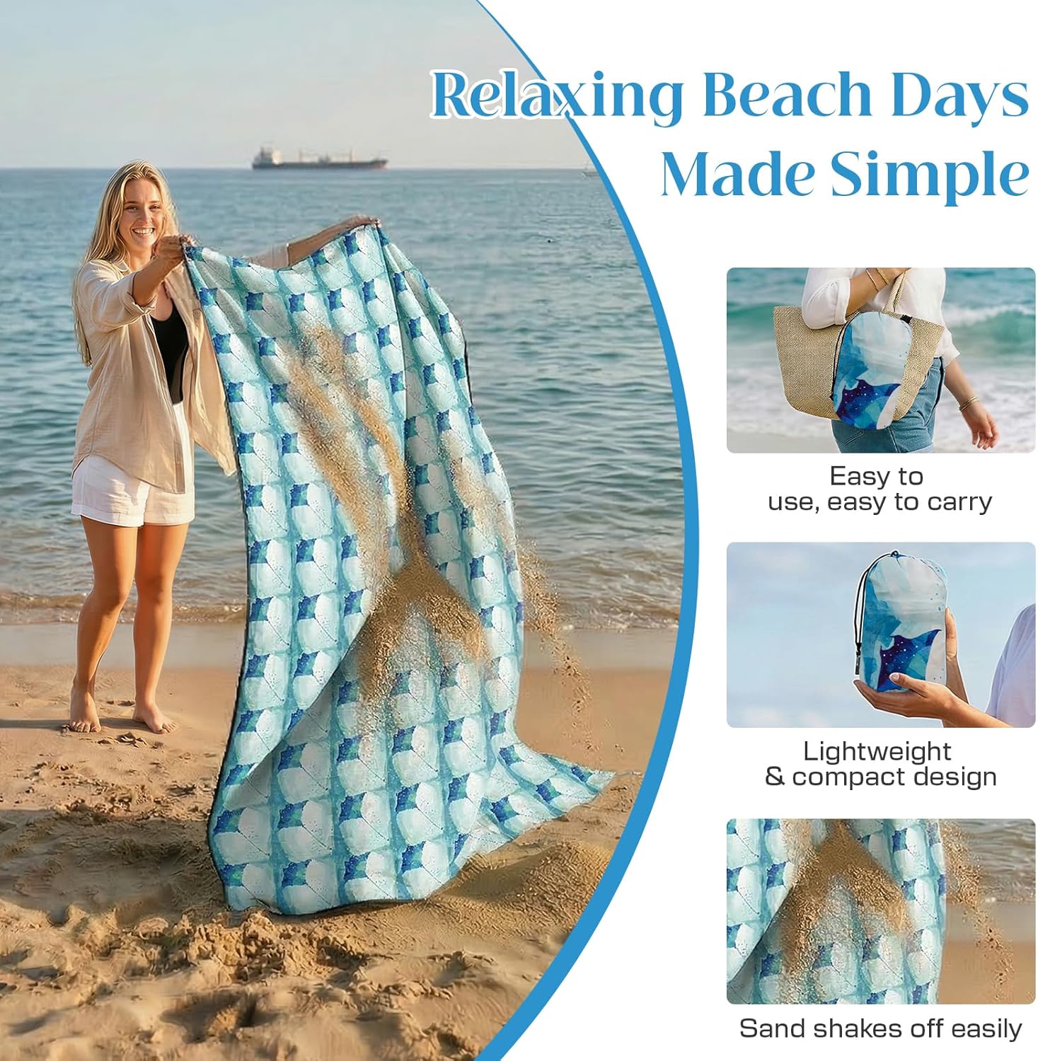OIGAE Family Beach Blanket, 7×8 ft Sand-Free Picnic Mat for 1–4 People, Quick-Dry Lightweight Outdoor Blanket with Stakes & Corner Pockets, Manta Ray