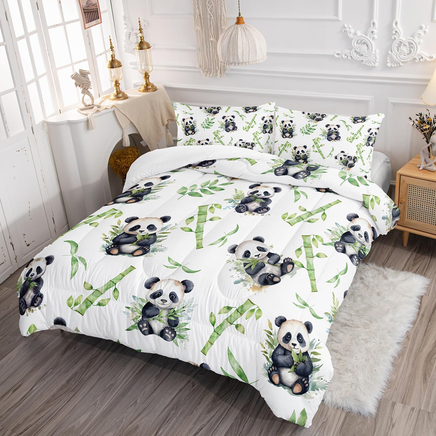 AILONEN Panda Kids Comforter Set Twin Size, Kawaii Cute Cartoon Panda Bedding Set for Kids Boys Girls,Cute Duvet Set for All Season,Soft Breathable 3 PCS,1 Quilt and 2 Pillowcases