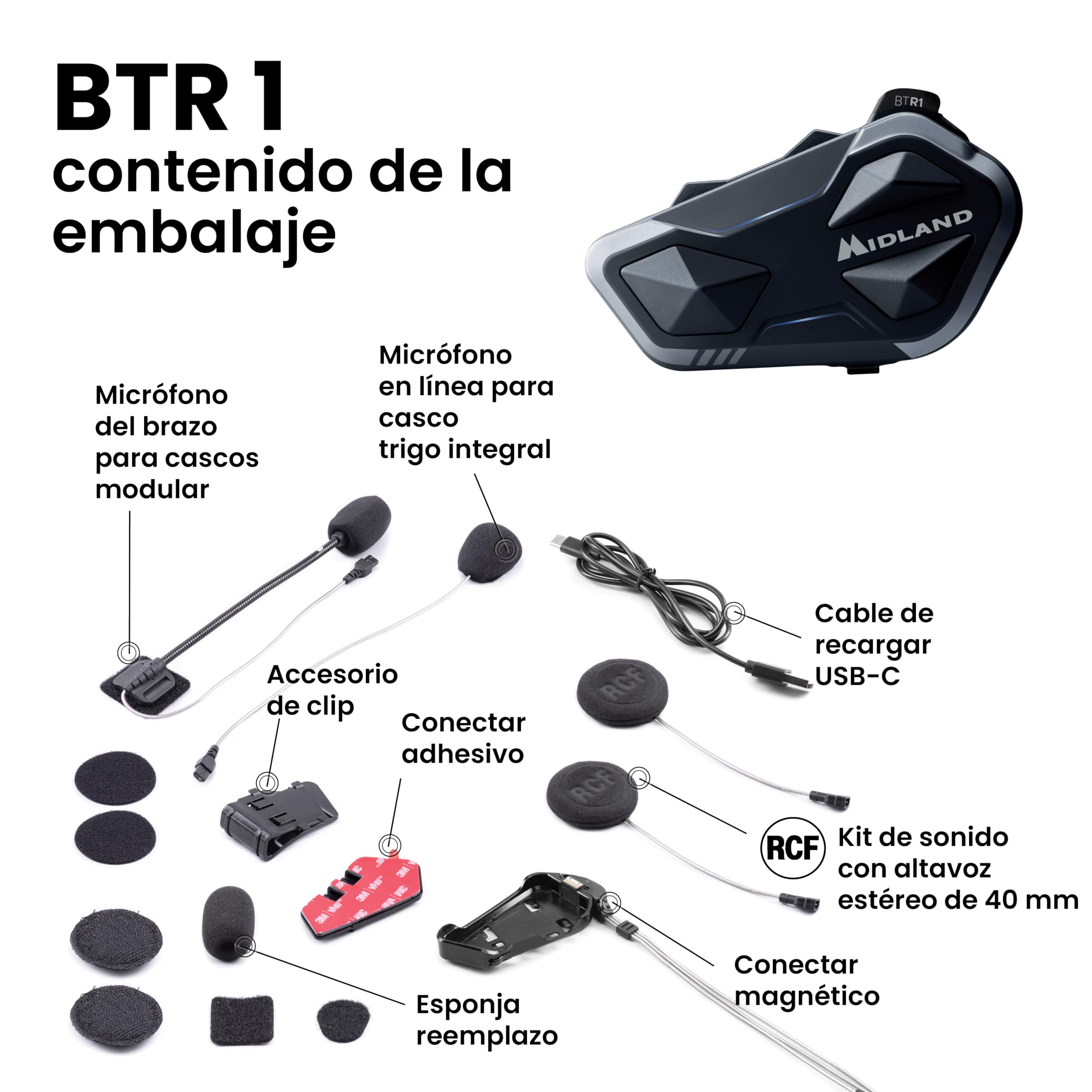 Midland - Intercomunicador Casco Moto Bluetooth Único BTR1, Auriculares Moto Inalámbricos Impermeables IPX6, Alcance 800m, Conferencia 4 Personas, Batería 23H, Conexión GPS/Música, Conforme ECE 22.06