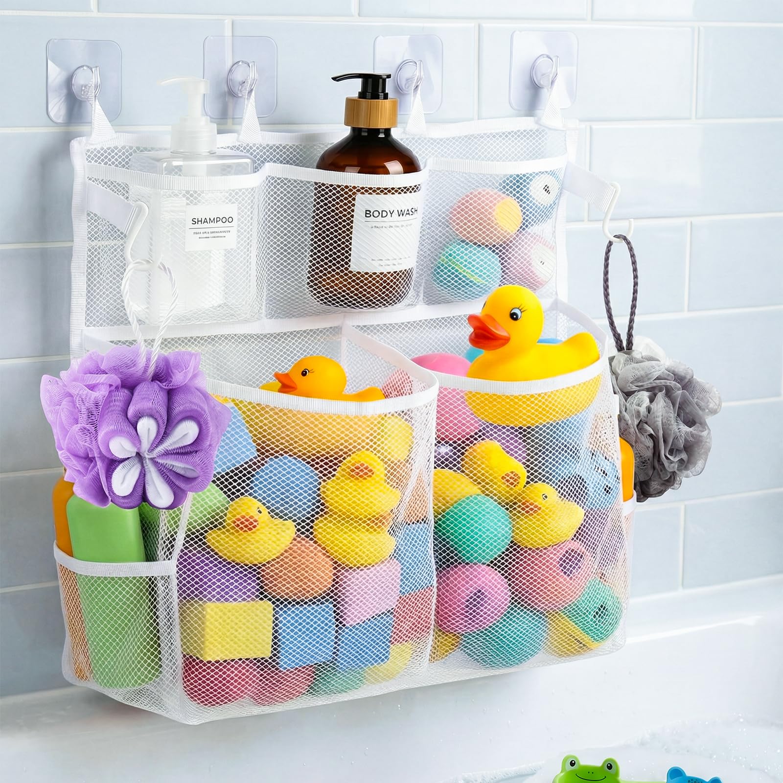 Bath Toy Storage, 2-Tier Large Capacity Net Toy Storage Bags with 5 Compartment and 2 Side Pockets, Hanging Nylon Breathable Mesh Bath Toy Holder with 4 Strong Self Adhesive Hooks for Organization