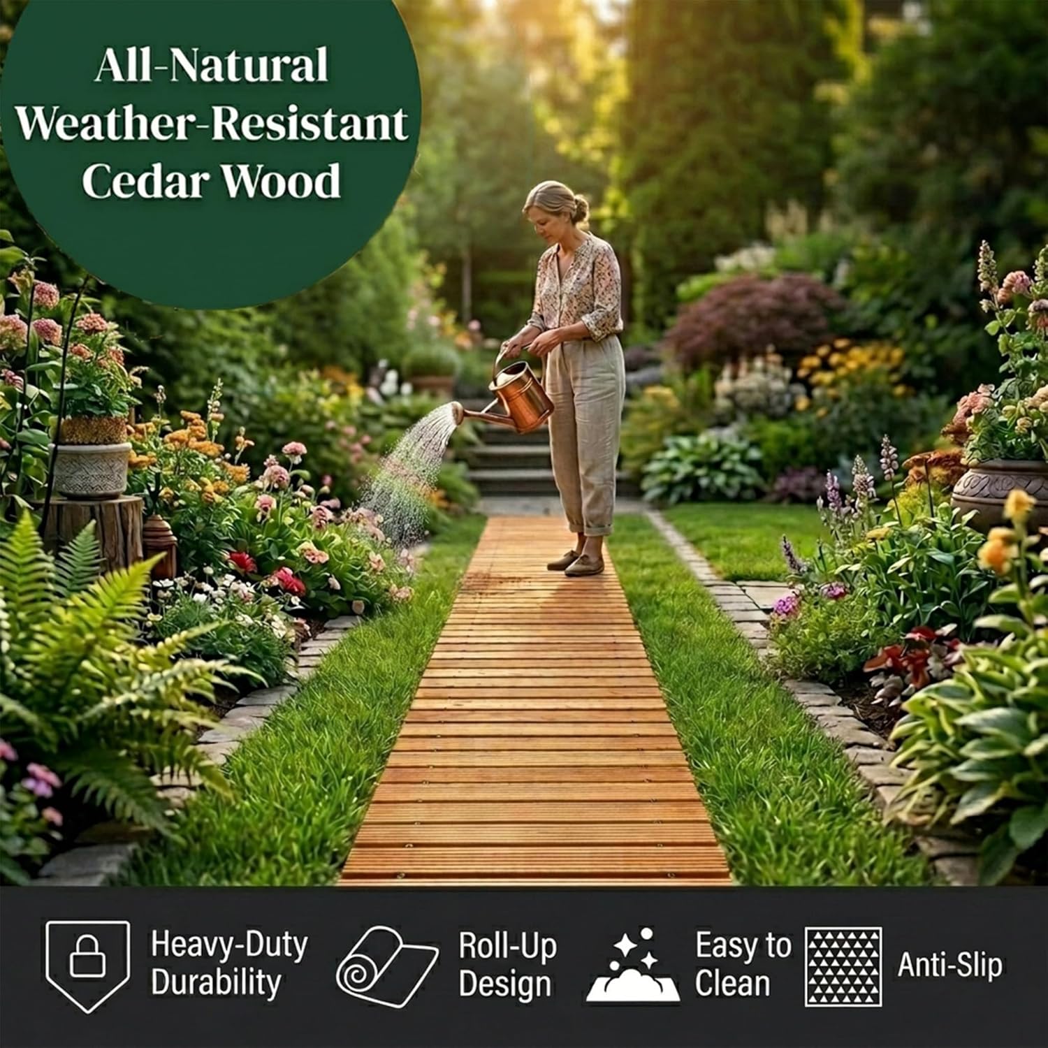 Plow & Hearth 6' Straight Outdoor Wooden Pathway | 17" Wide Rollout Outdoor Garden Walkway | Weather-Resistant Hardwood Cedar Board Walkway Landscape Edging | Decorative Lawn Patio Wedding Party
