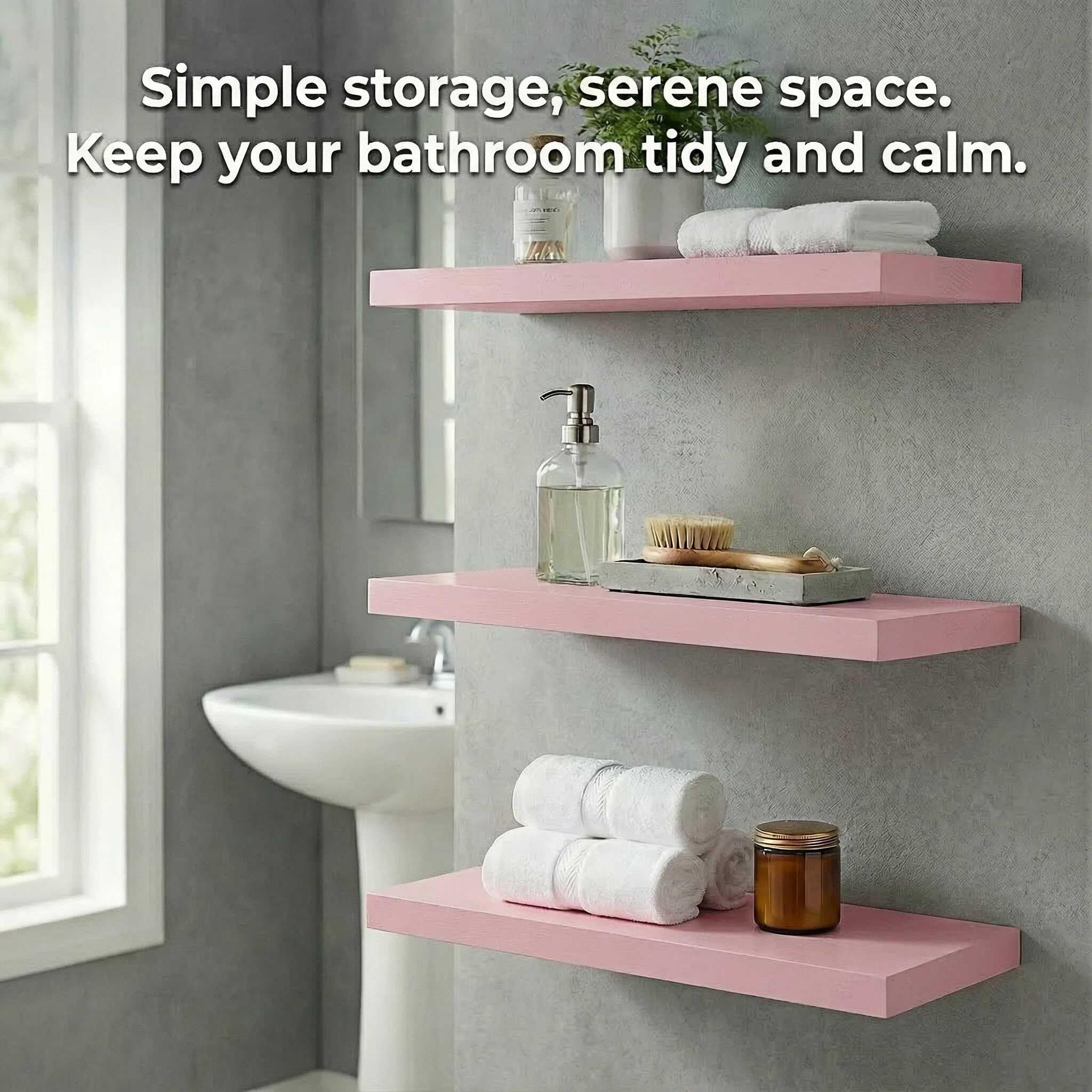 SAUMONIERES Juego de 3 estantes flotantes de pared de madera maciza para baño, dormitorio, cocina, estantes de pared rosados