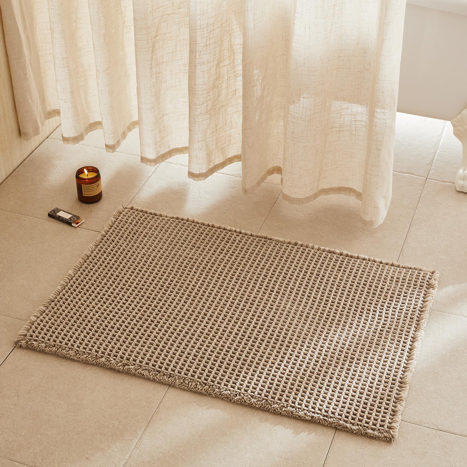 TYUU Waffle Bath Mat, Boho Bathroom Rugs Non Slip, 36x24 Beige