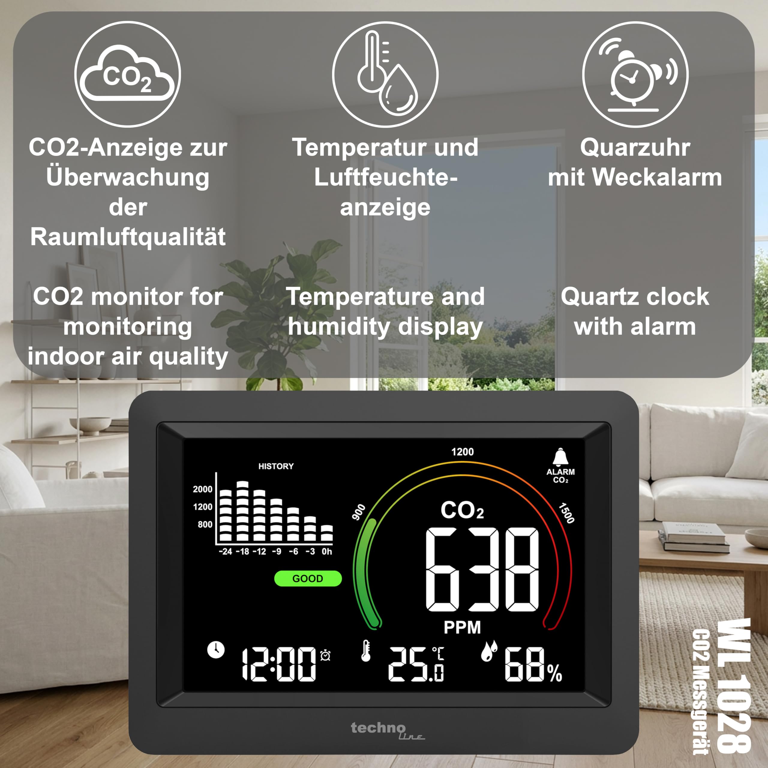 Technoline WL1028 Cuchillo Co2, monitoreo de Calidad del Aire Interior, recomendación de ventilación basada en la concentración de CO2 en el Aire, Alarma Ajustable, historial de CO2, para escuelas