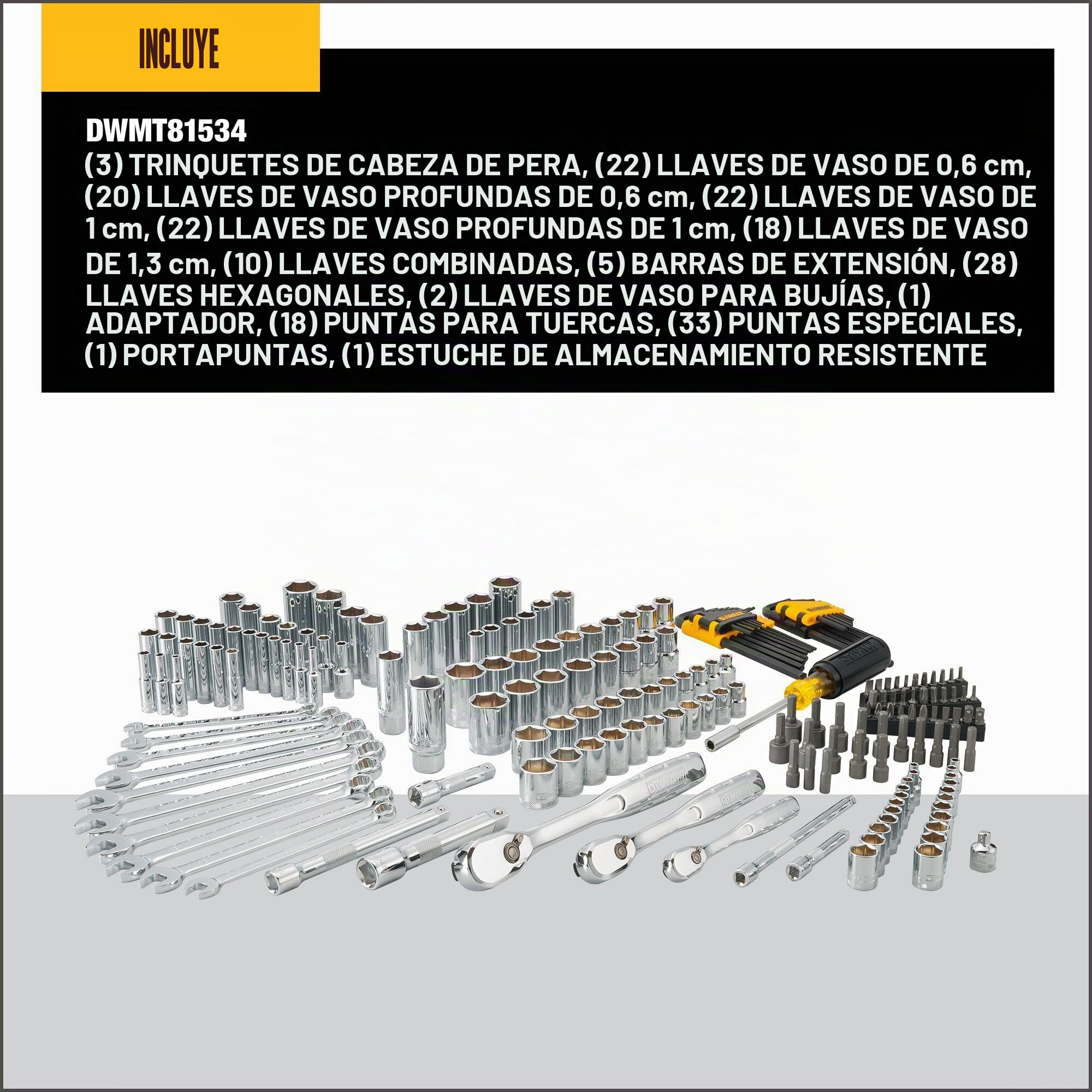 DEWALT Juego de herramientas mecánicas, unidad de 1/4" y 3/8" y 1/2", SAE/métrica, 205 piezas (DWMT81534)