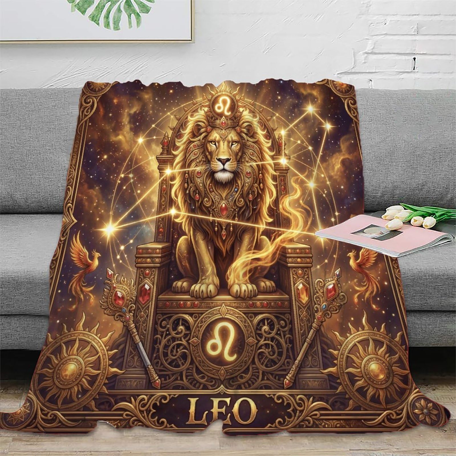 Leo Zodiac Golden Lion Flannel Throw Blanket, Bedroom Couch Travel