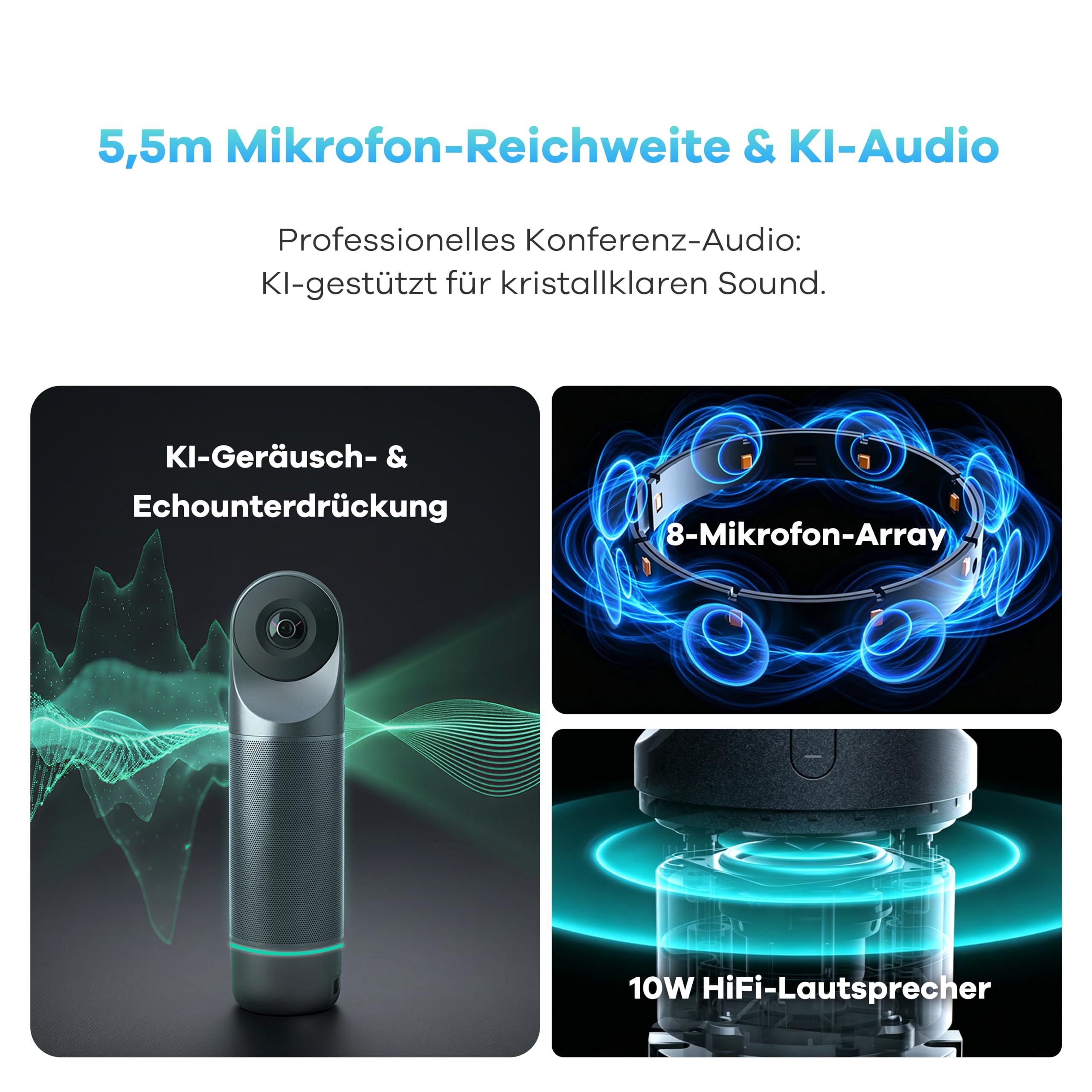 KanDao Meeting Pro 2 4K 360° KI Cámara de videoconferencia todo en uno con micrófono y altavoces: SmartNote, transcripción de IA, notas de reuniones, reducción de ruido de IA, zoom/equipos